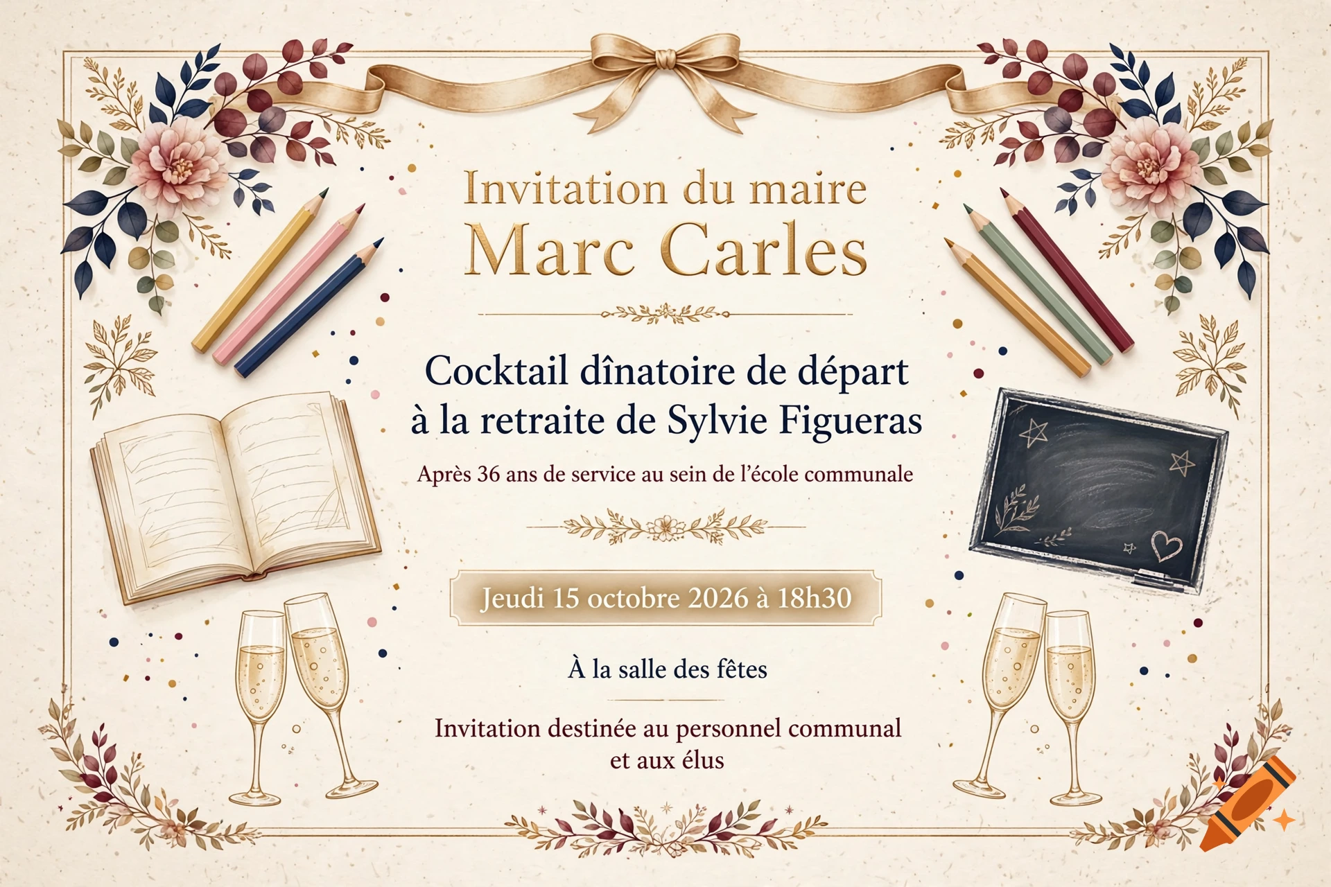 Elegant watercolor style retirement invitation card with floral borders, pencils, a book, and a chalkboard.