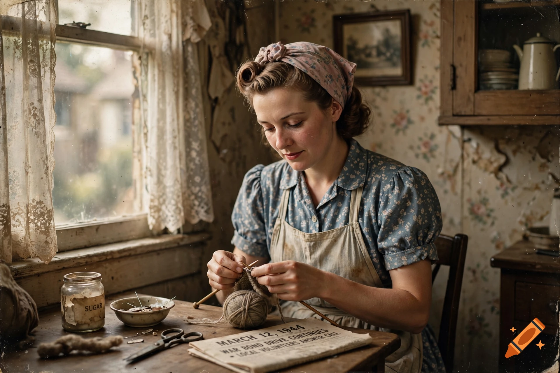 A woman in a 1940s-style kitchen with a headscarf and apron sitting at a wooden table knitting, photorealistic style.