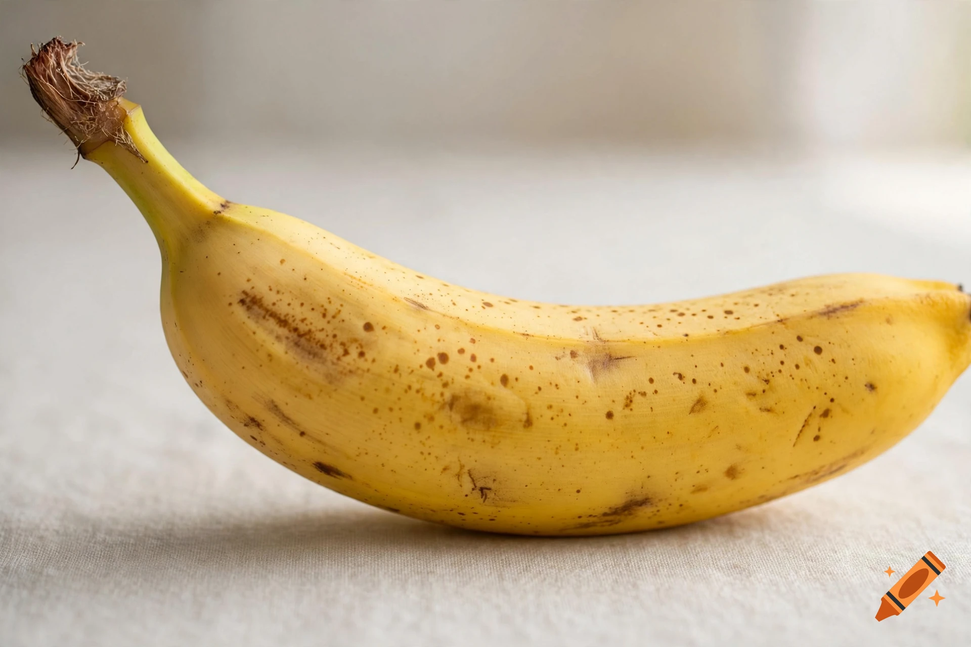 Photorealistic image of a single ripe yellow banana with brown spots resting on a light-colored textured surface.