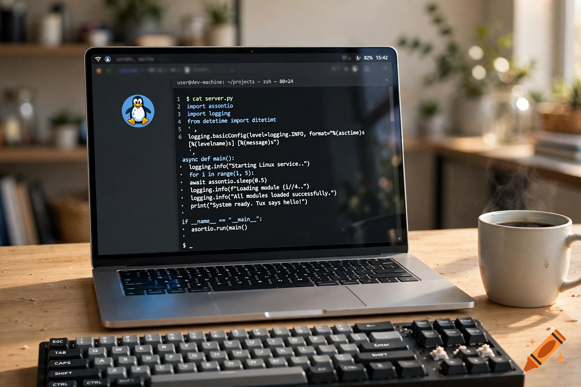 Photorealistic shot of an open laptop displaying a Linux terminal with code on a wooden desk, next to a coffee mug.