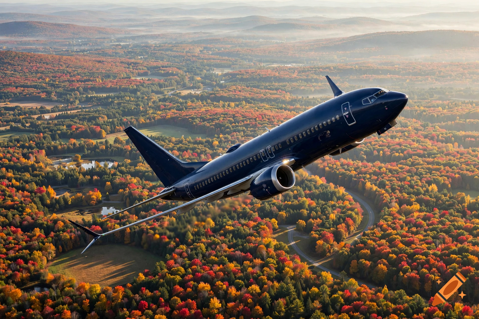 Photorealistic aerial view of a navy blue airplane flying over a vibrant forest of autumn-colored trees.