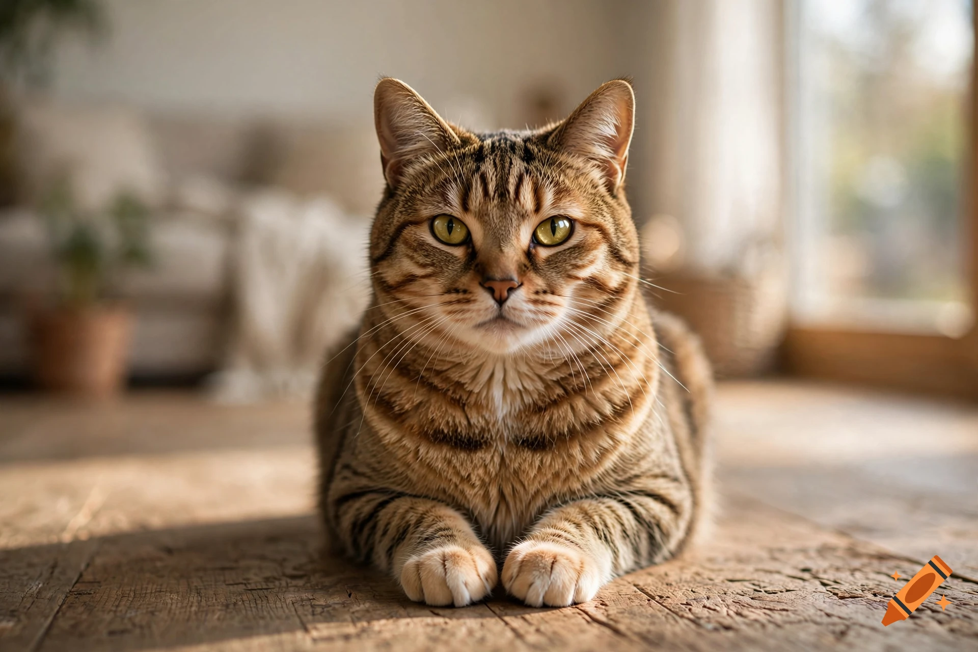 A brown tabby cat sits calmly on a wooden floor, facing the camera with bright greenish-yellow eyes.