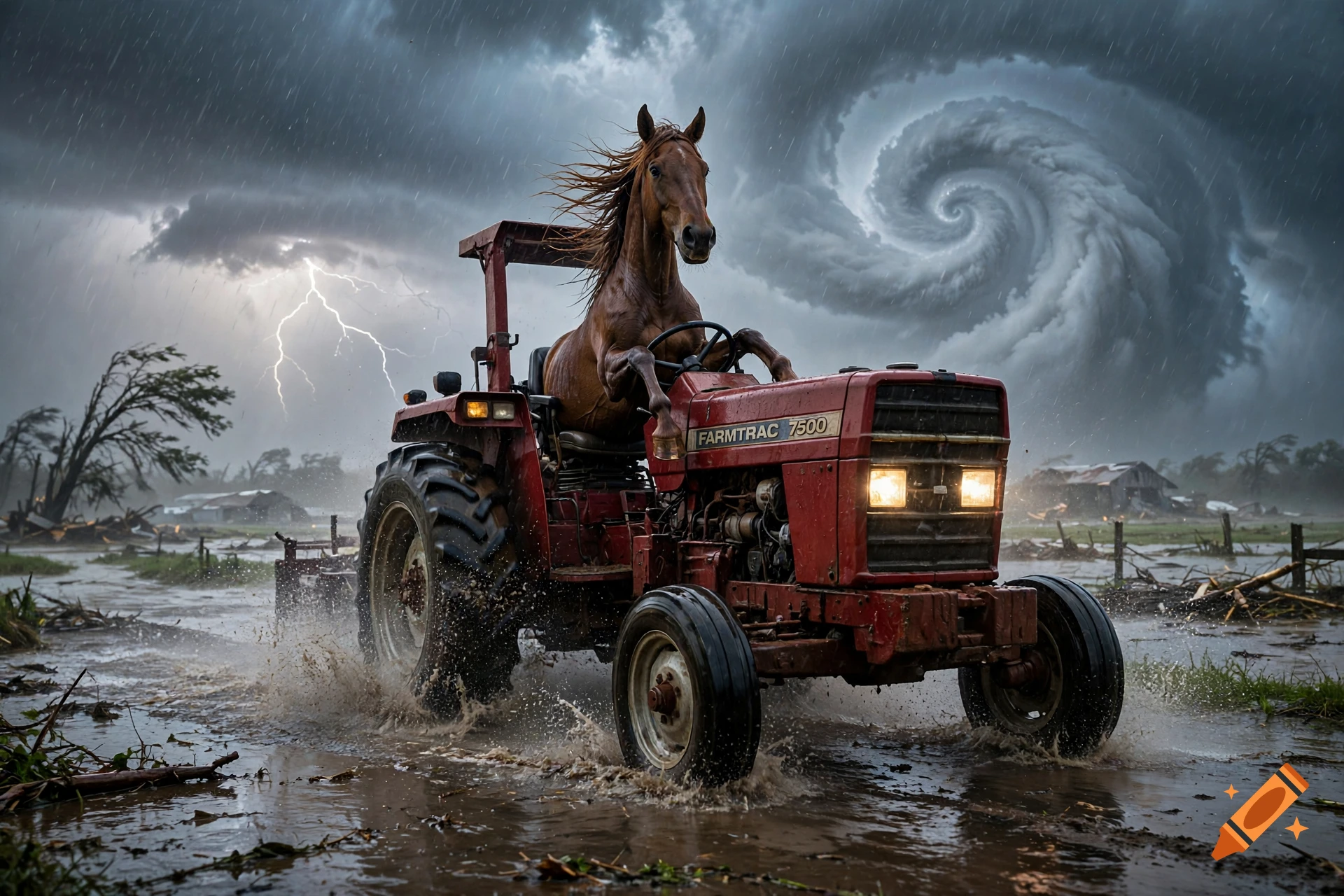 Photorealistic image of a brown horse riding a red tractor splashing through mud during a stormy hurricane with lightning.