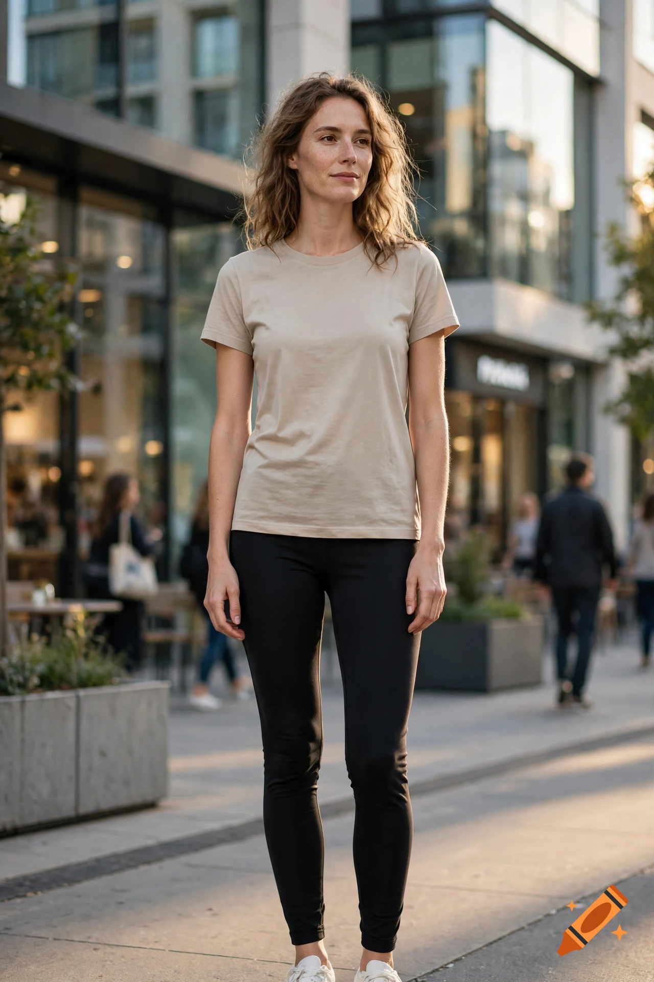 Photorealistic shot of a tall woman with wavy brown hair wearing a beige t-shirt and black leggings, standing on an urban street.