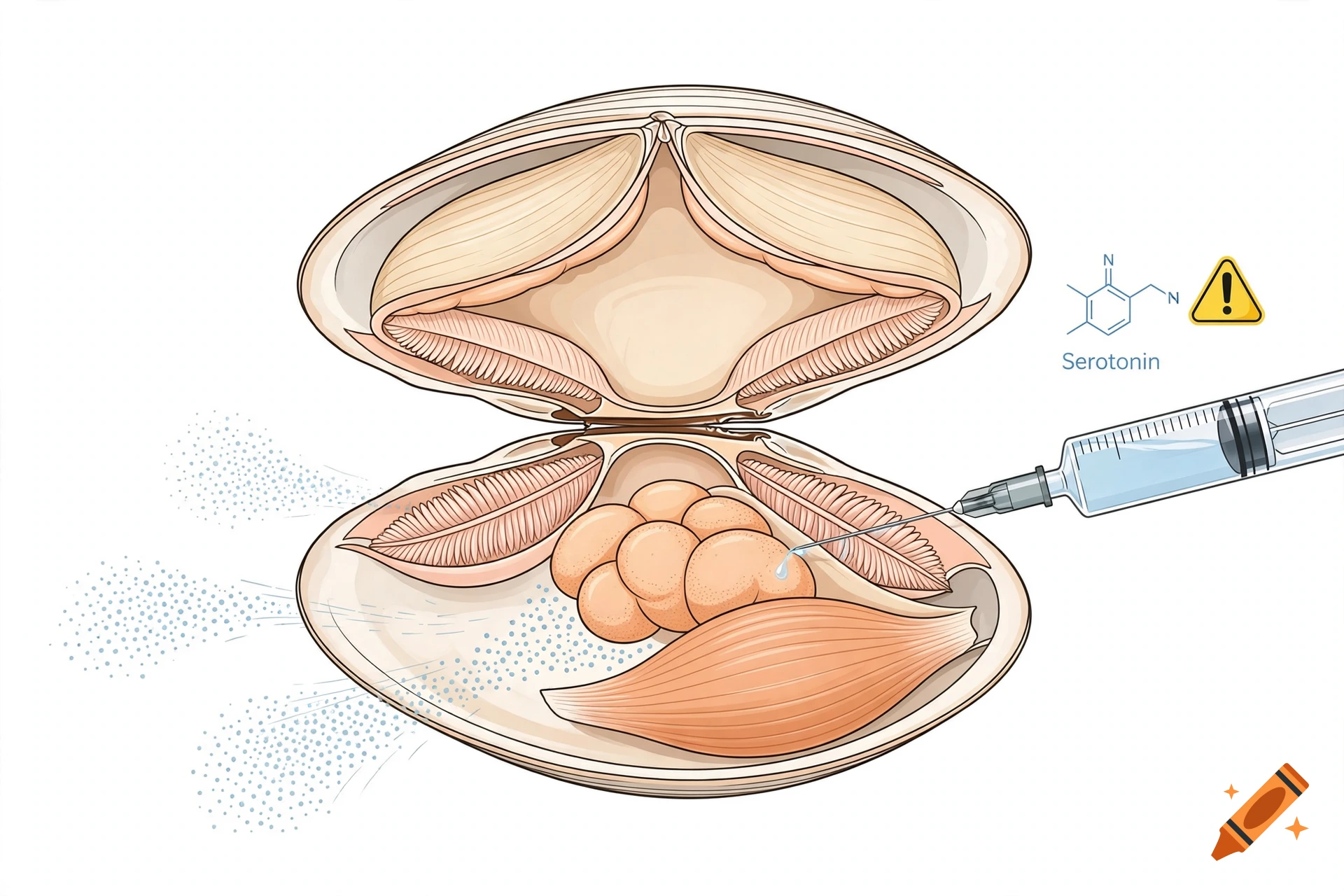 Medical textbook style illustration of a serotonin injection into a bivalve mollusk shell.