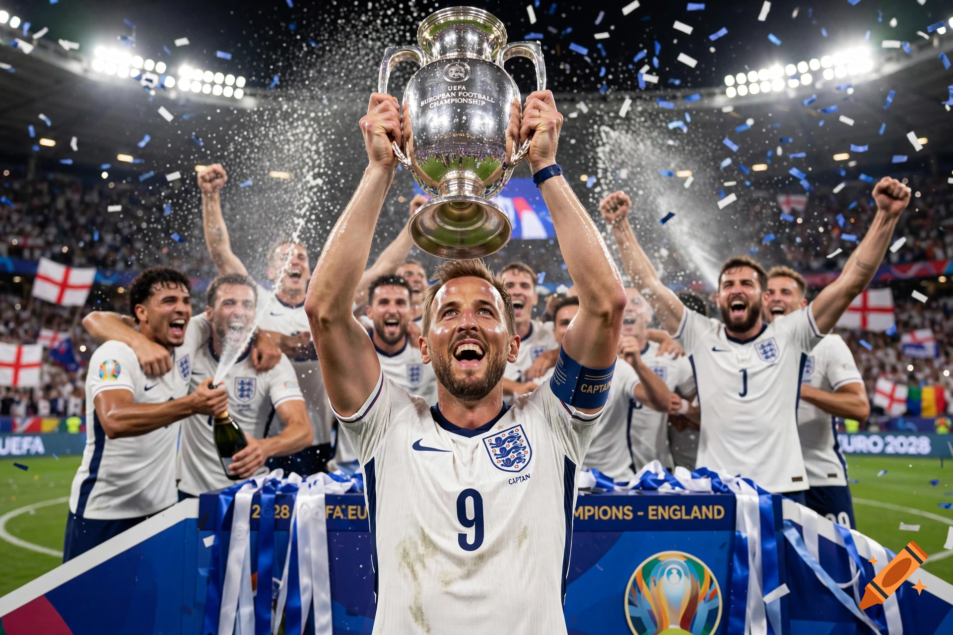 Photorealistic image of the England men's football team celebrating a championship win, lifting a trophy amidst confetti.