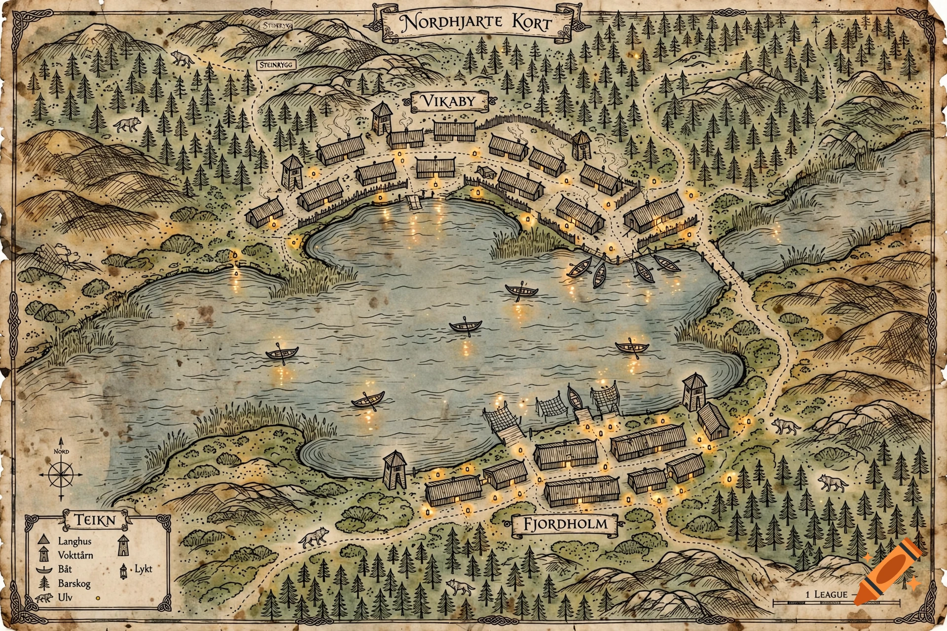 Detailed fantasy map of a viking village with lakes, forests, and lit lanterns, illustrated in a historical style.