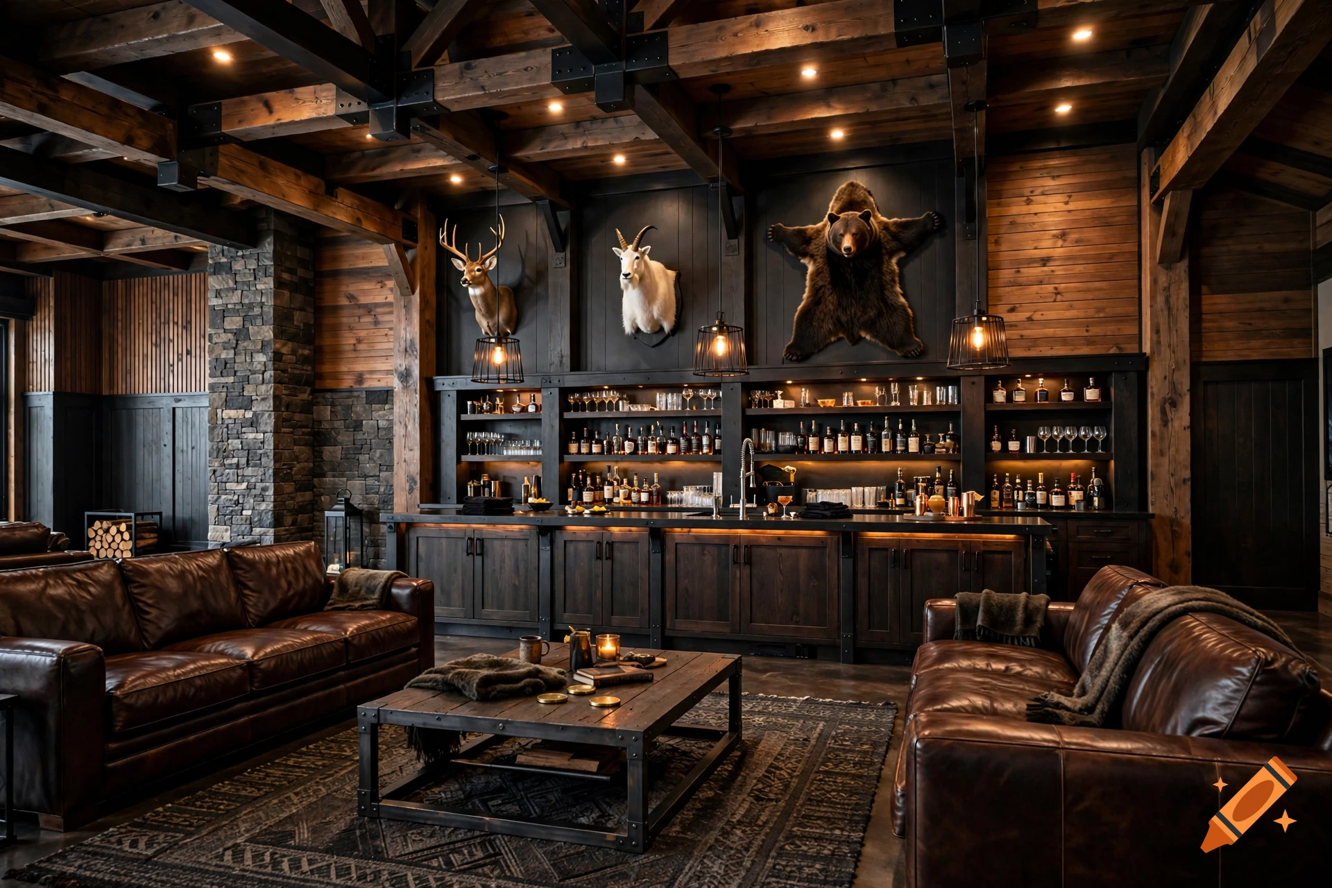 Photorealistic man cave interior with dark wood beams, leather couches, stone pillar, and taxidermy mounts on black walls.