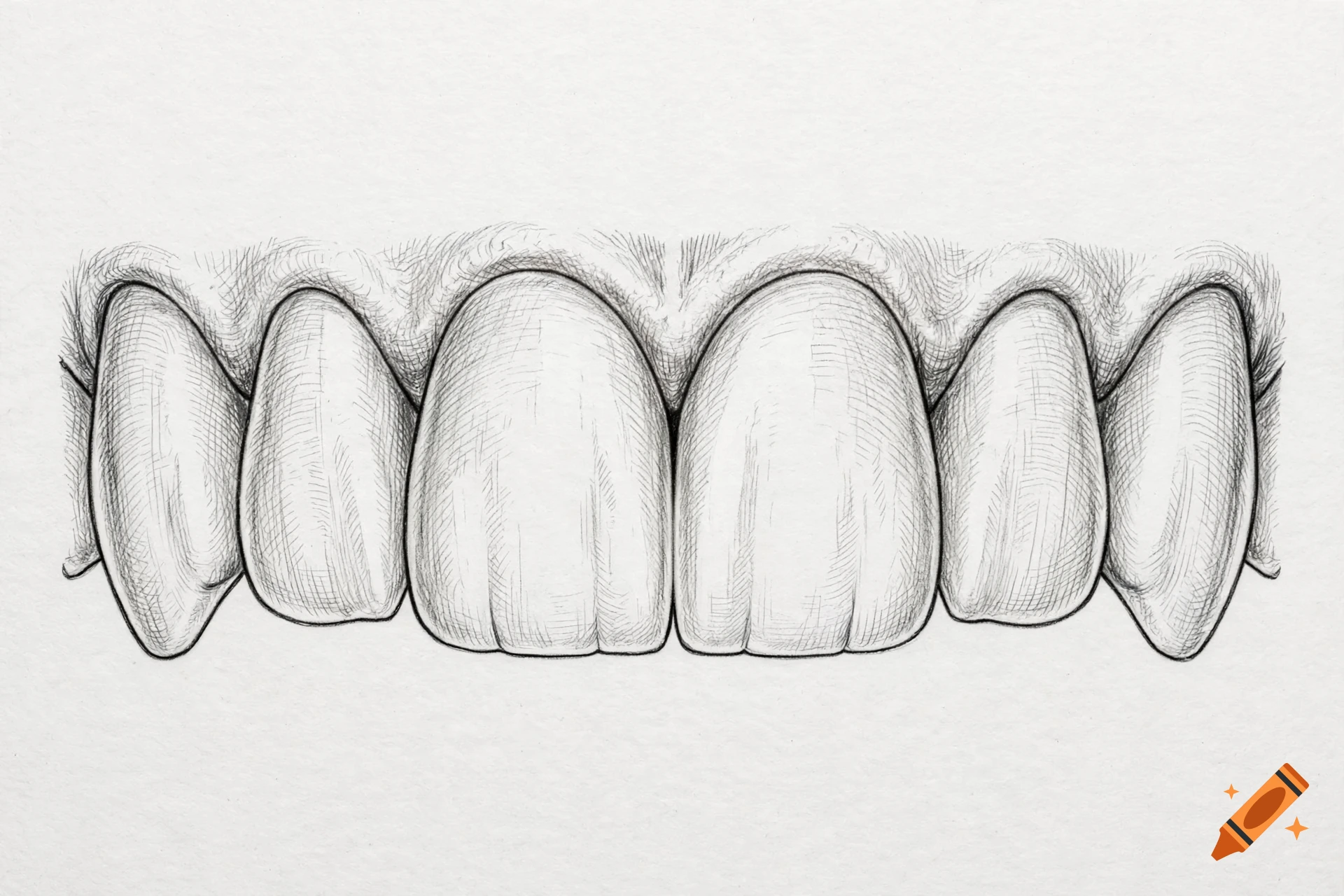 Pencil drawing showing a detailed front view of upper teeth and gums.
