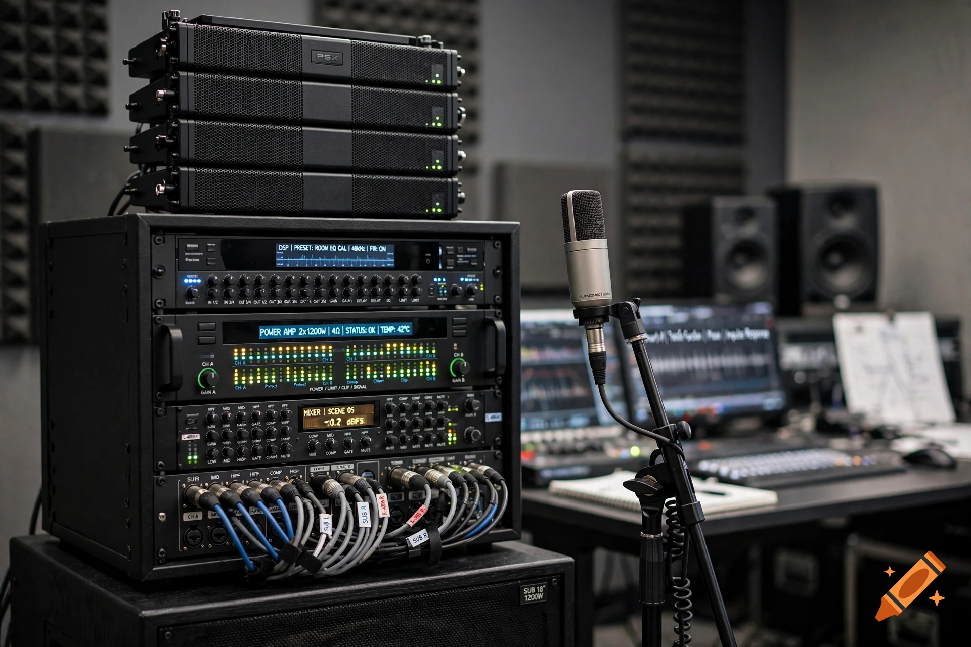 Photorealistic image of a professional audio mixing rack and a condenser microphone in a studio setting.