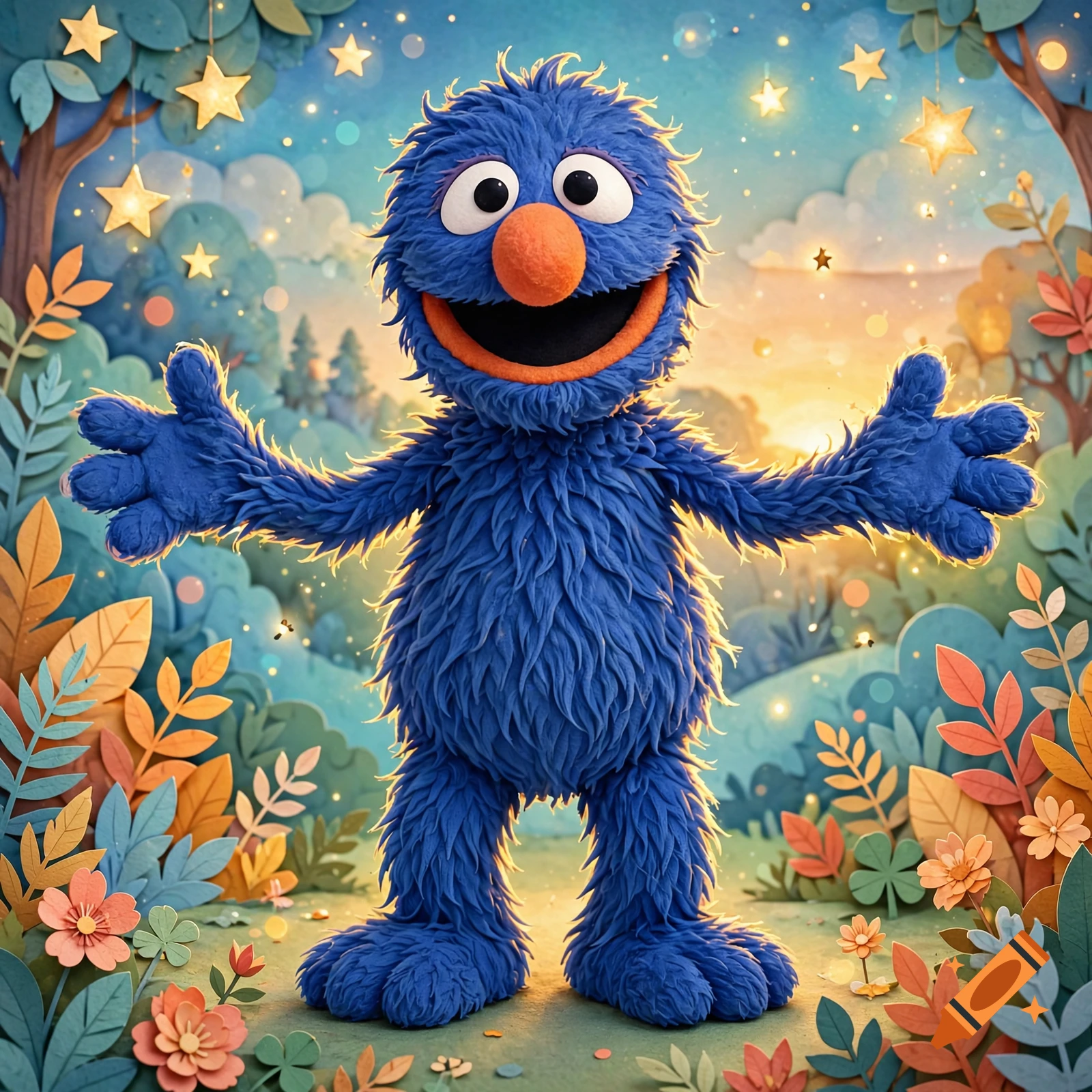A friendly blue furry monster with an orange nose and wide open arms stands in a whimsical fantasy landscape filled with glowing stars and paper-craft style foliage.
