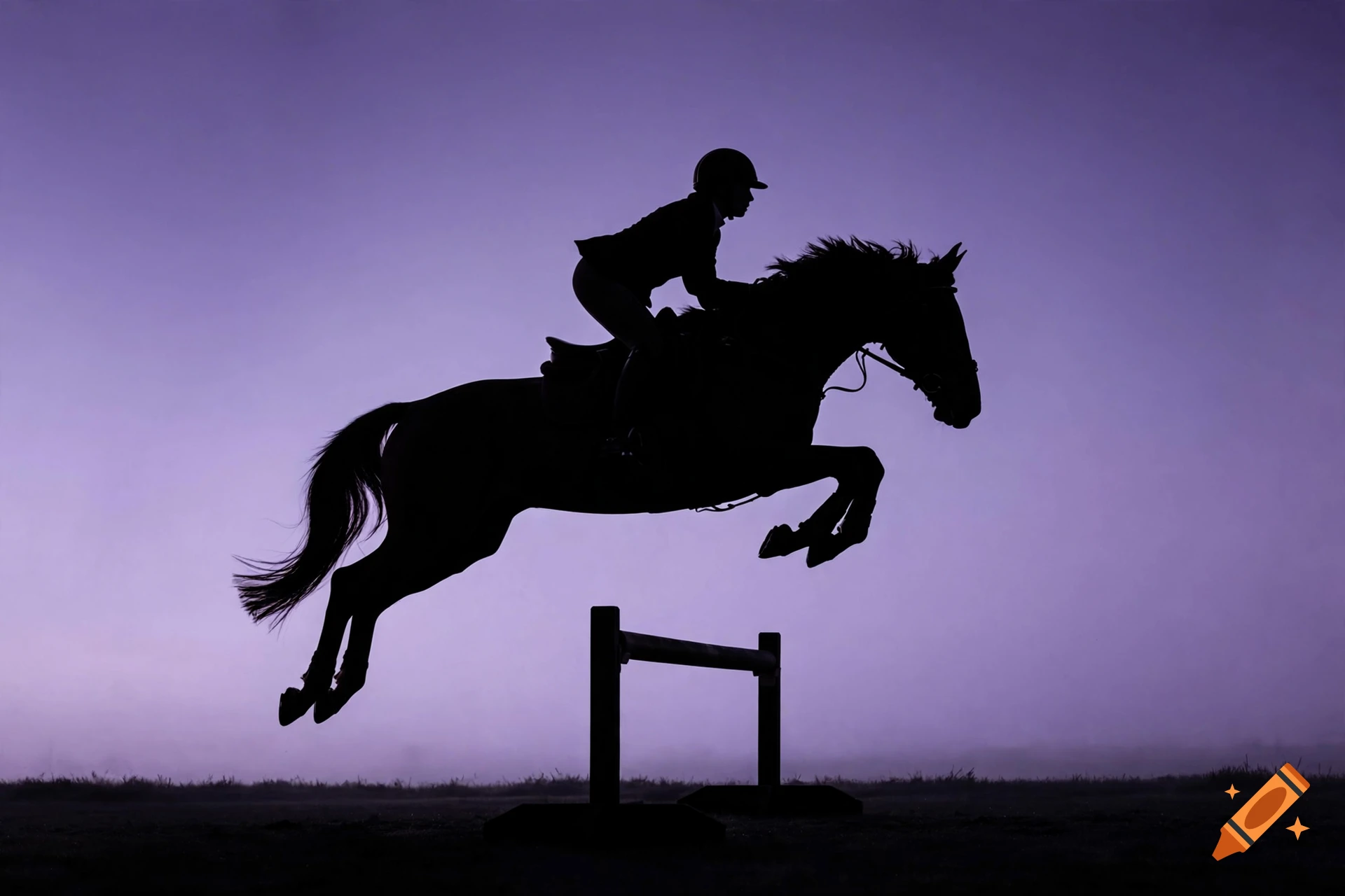 Silhouette of a rider jumping a horse over an obstacle against a lavender purple twilight sky.