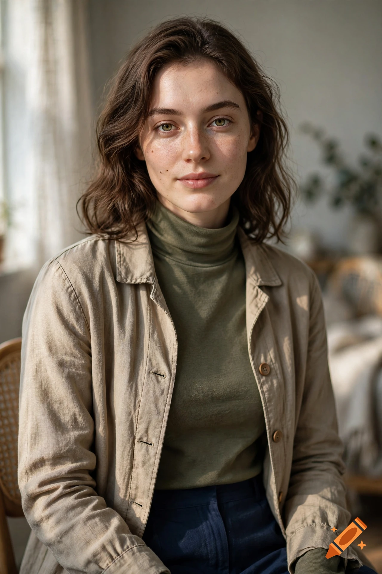 Photorealistic medium shot portrait of a young woman with brown wavy hair, freckles, and a green turtleneck under a tan jacket indoors.