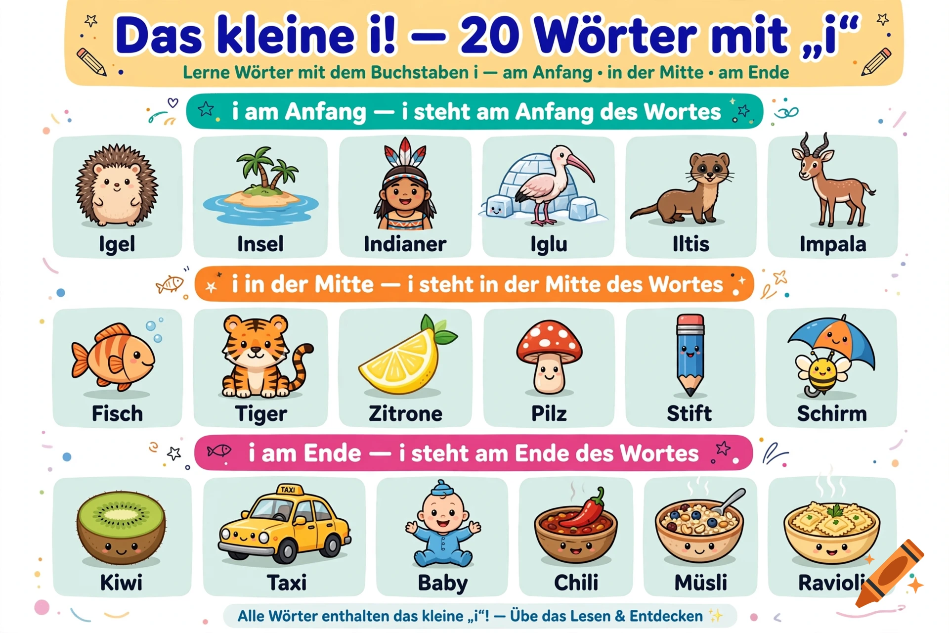 Educational poster in German with illustrations of twenty words containing the letter i, categorized by its position.