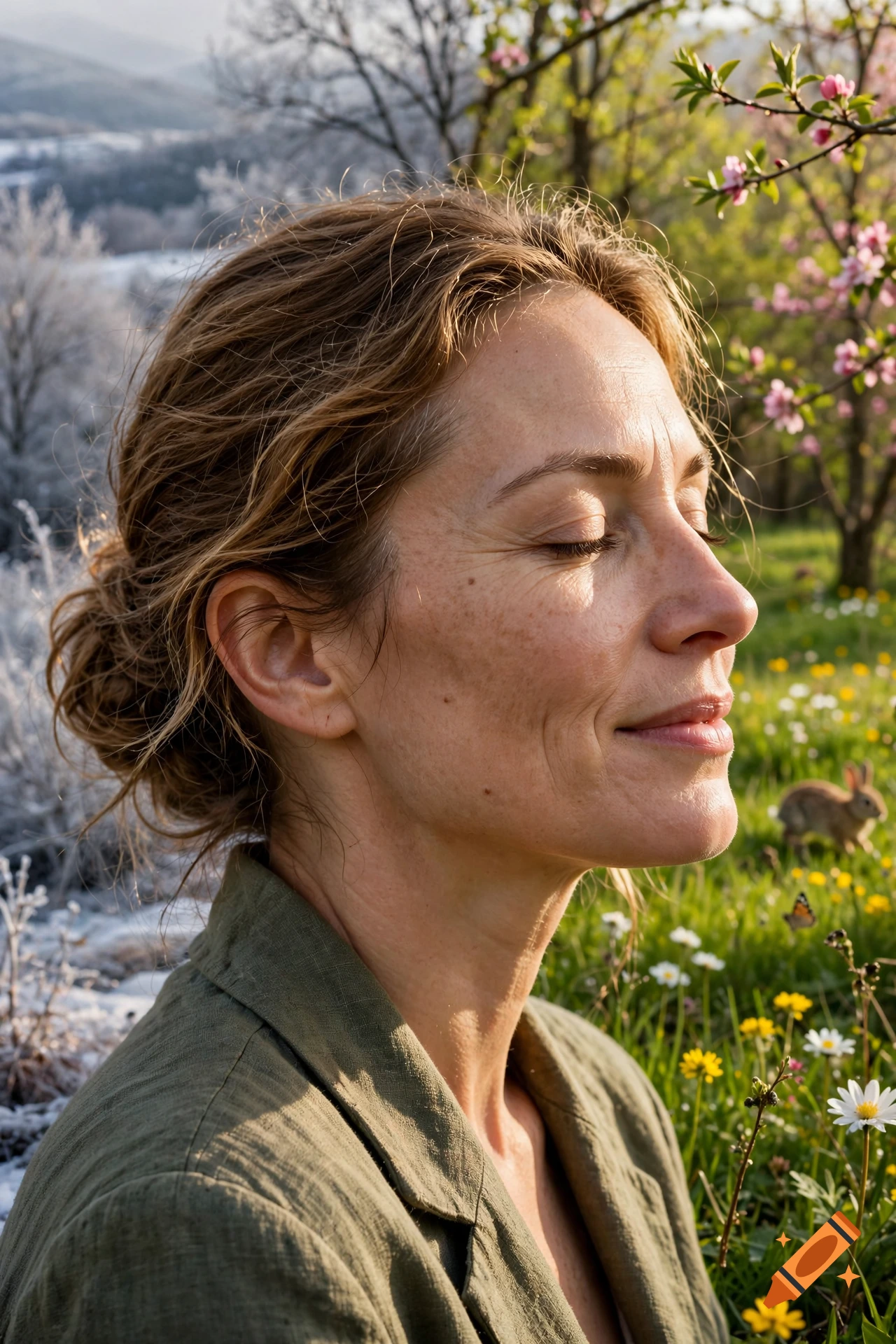 Photorealistic side profile of a middle-aged woman with eyes closed, enjoying the sun in a blooming spring field.