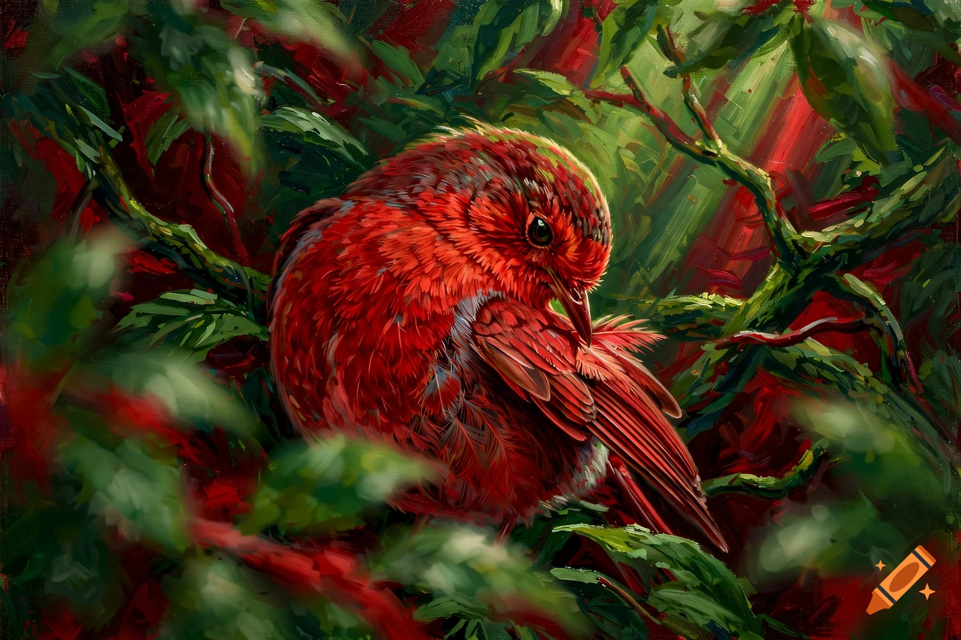 An oil painting of a red robin preening its feathers in a leafy tree filled with red and green foliage.