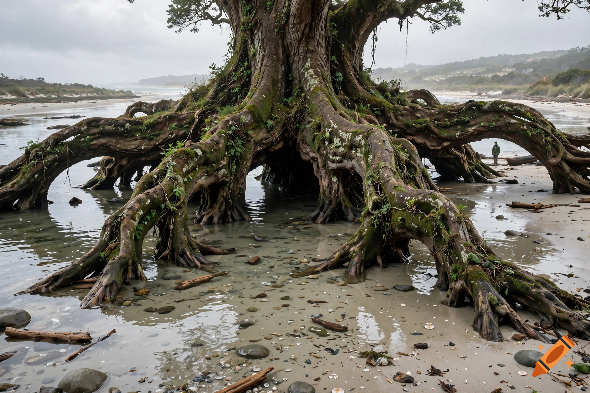 Photorealistic image of massive tree roots spreading across a shallow beach with water reflecting the overcast sky.