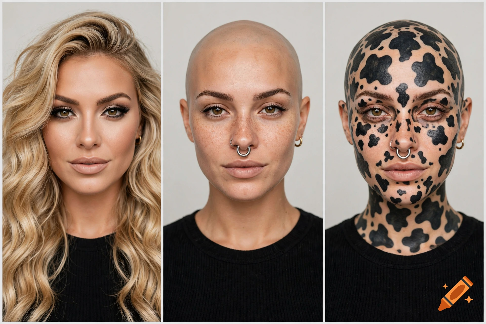 Photorealistic three-panel portrait of a woman showing a glamorous blonde look, a bald natural look with a septum ring, and a cow-spot tattooed look.