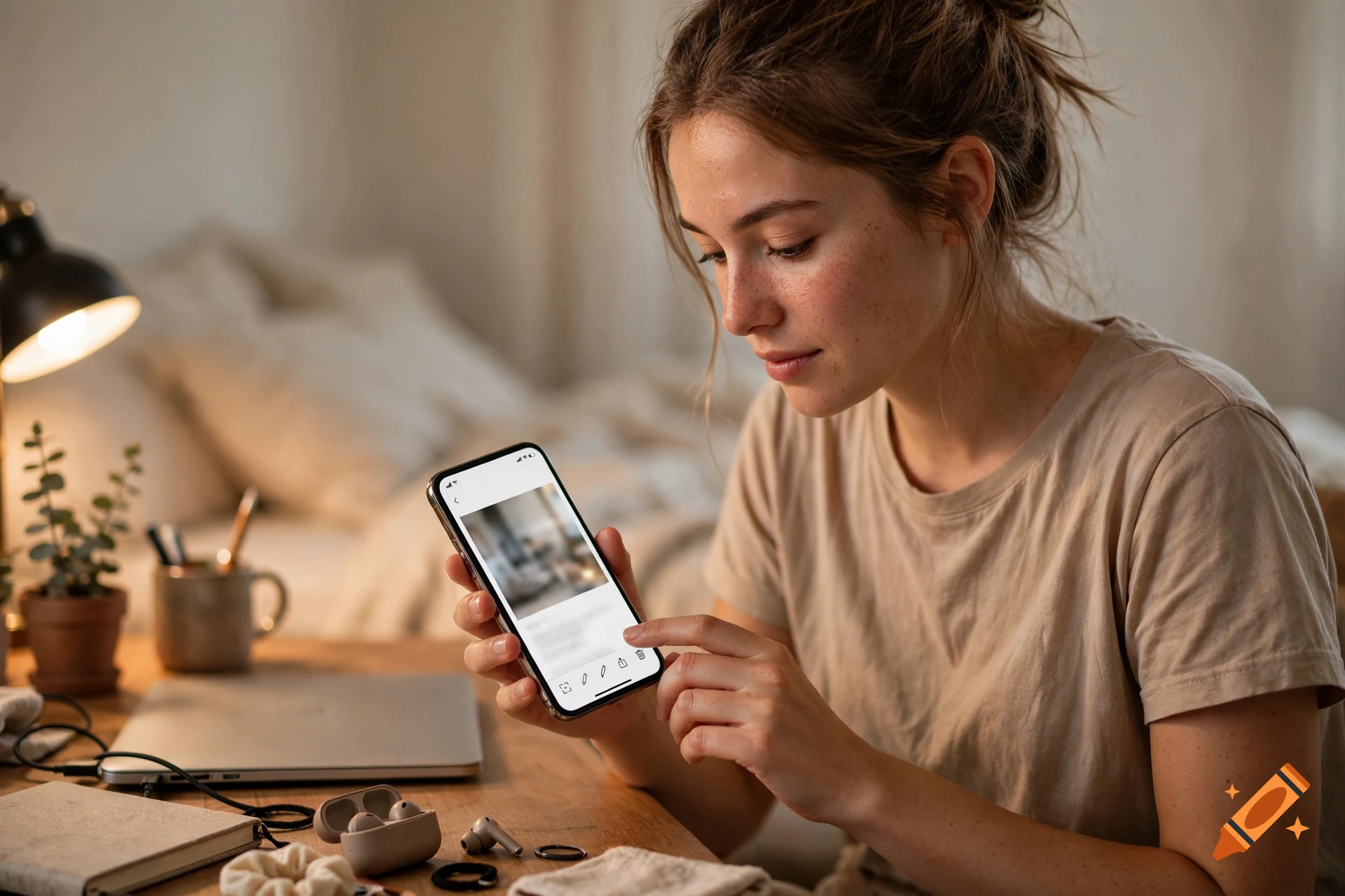 Photorealistic image of a young woman with frecklies and a bun holding a smartphone while sitting at a wooden table in a room.