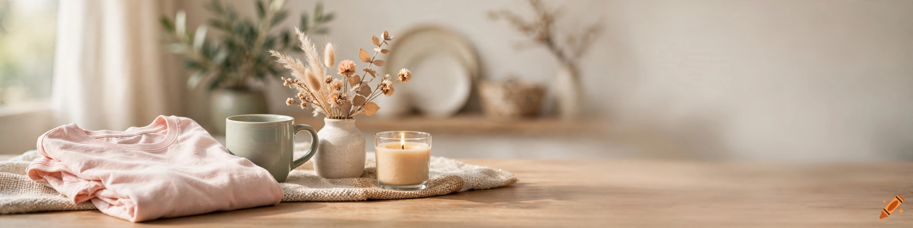 Cozy banner image with a folded pink t-shirt, green mug, vase with dried flowers, and a lit candle on a wooden table.