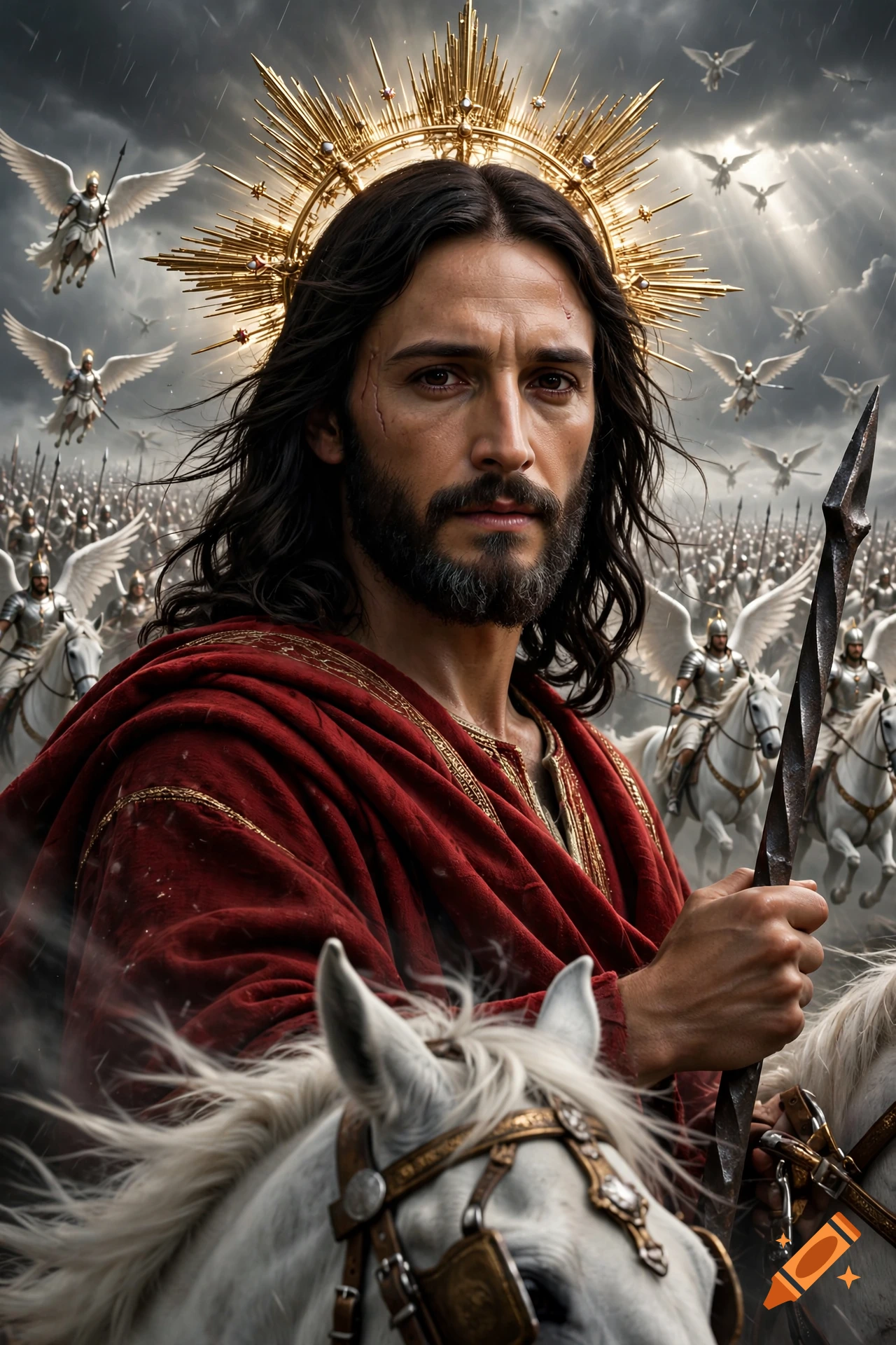 Photorealistic depiction of Jesus with a glowing halo, wearing a red robe, holding an iron rod, and riding a white horse with a vast angelic army in the background.