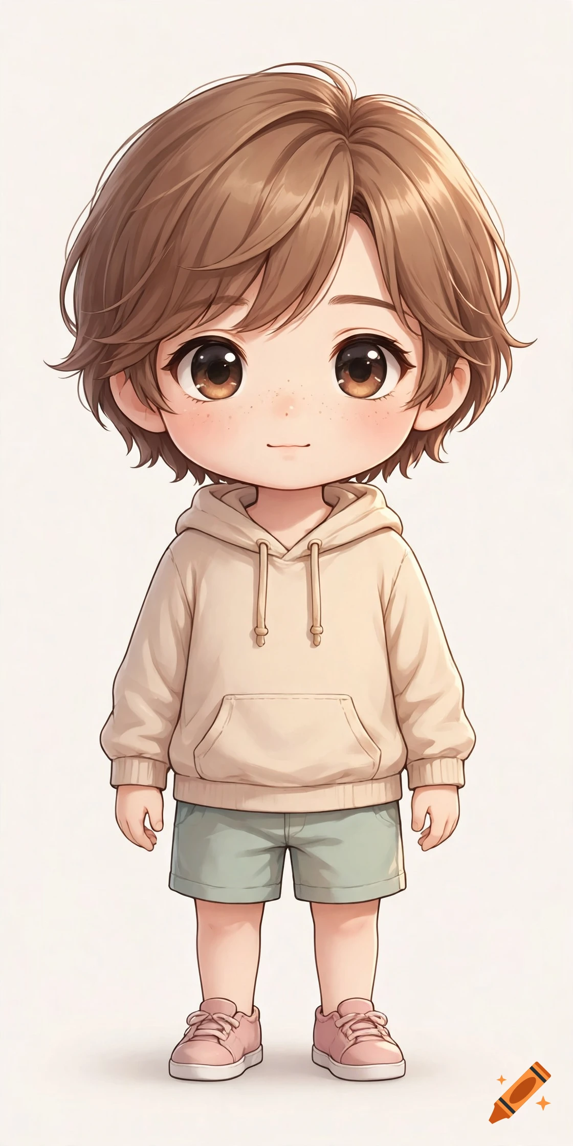 Semi-realistic chibi drawing of a young child with brown hair, freckles, and a beige hoodie.