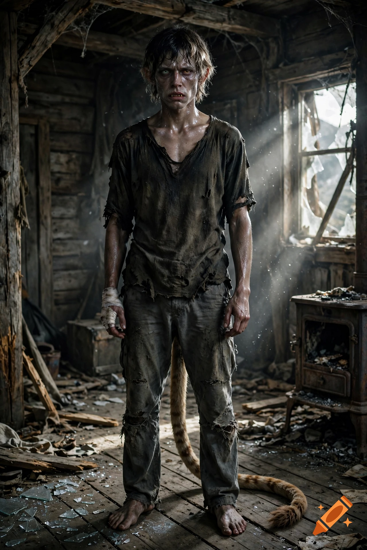 Photorealistic full-body portrait of a malnourished teenage male hybrid with a lion tail standing in an abandoned cabin.