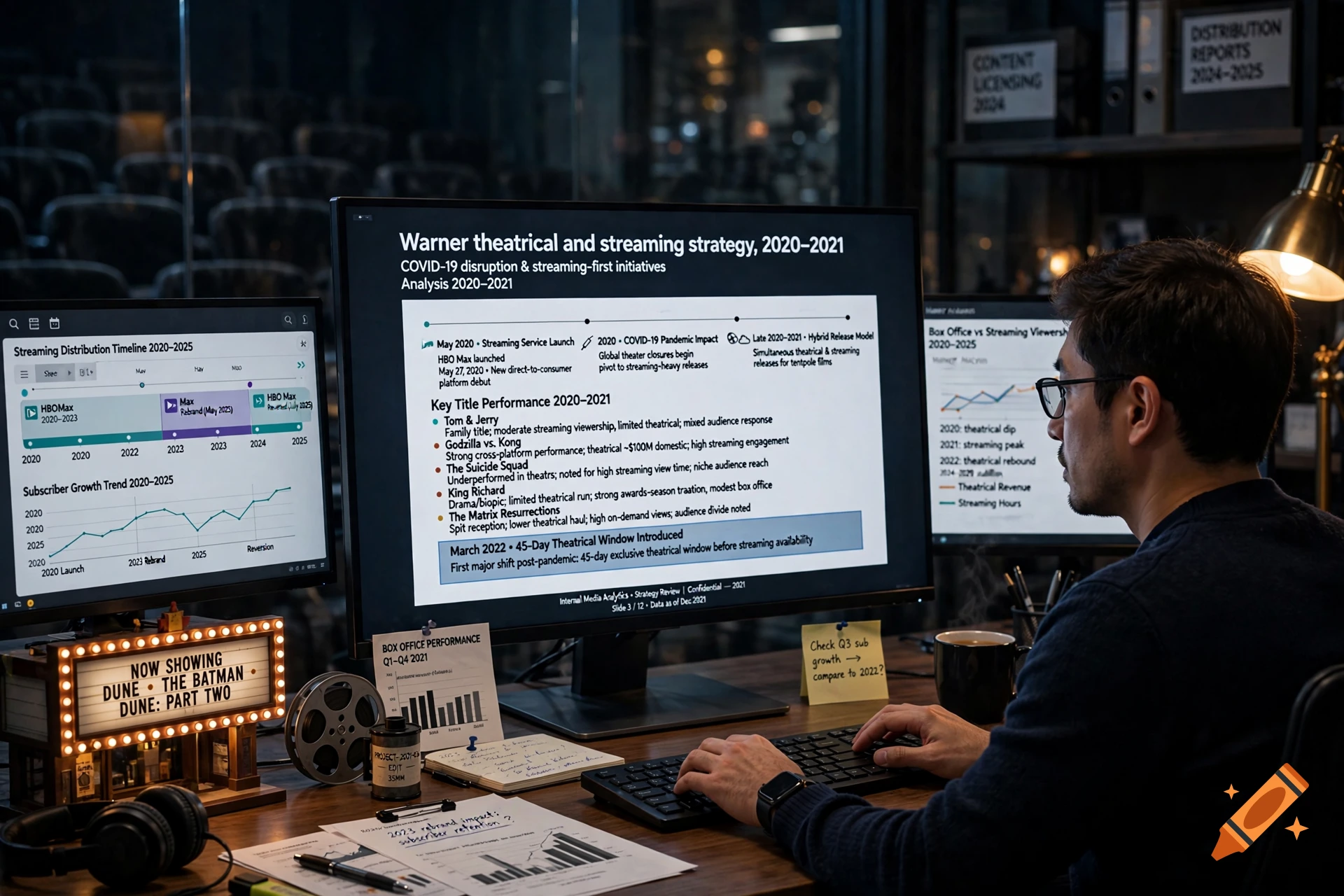 Man with glasses sitting at a computer desk viewing data charts on multiple monitors in a dark office.