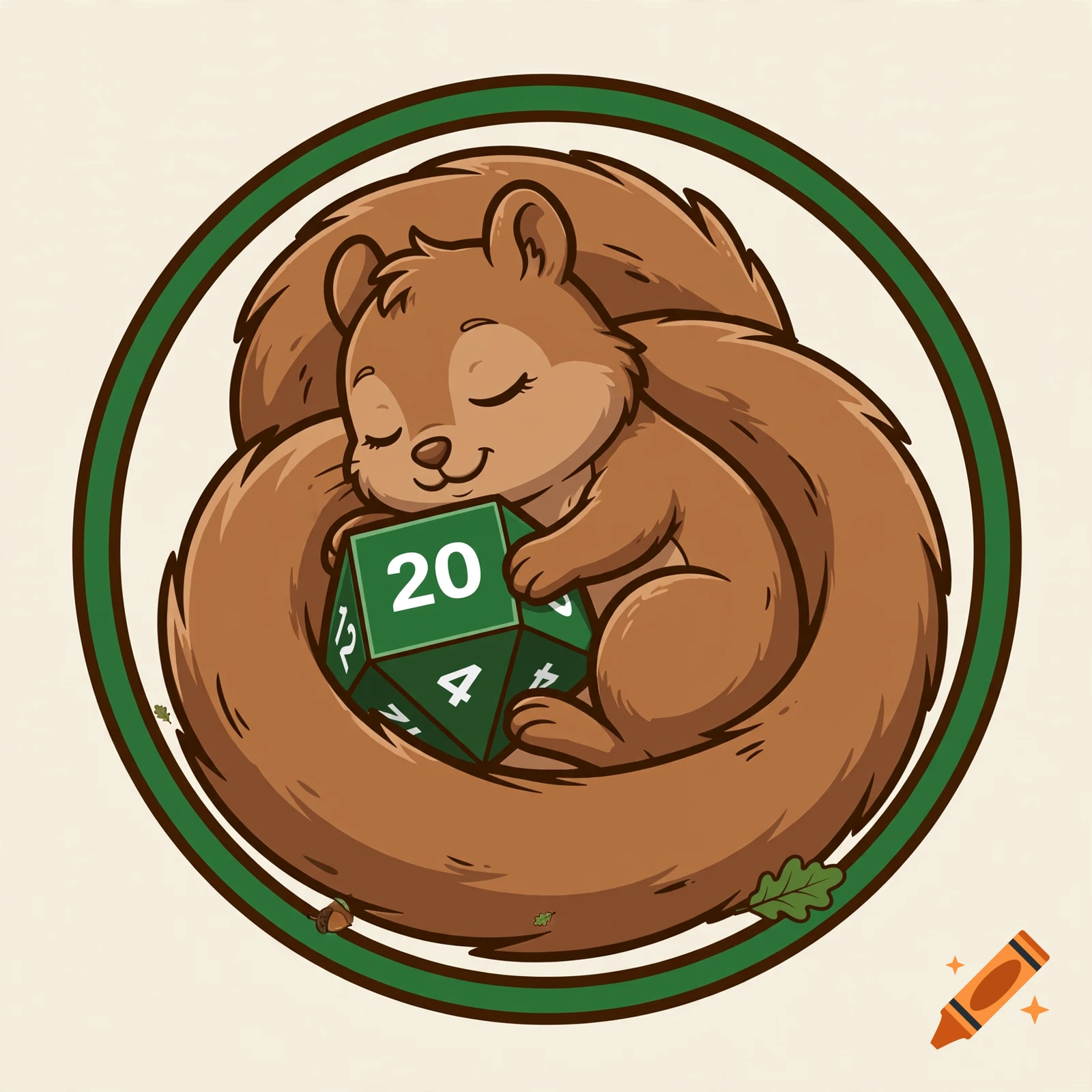 Cute cartoon squirrel sleeping and hugging a green twenty-sided die inside a circular green border.