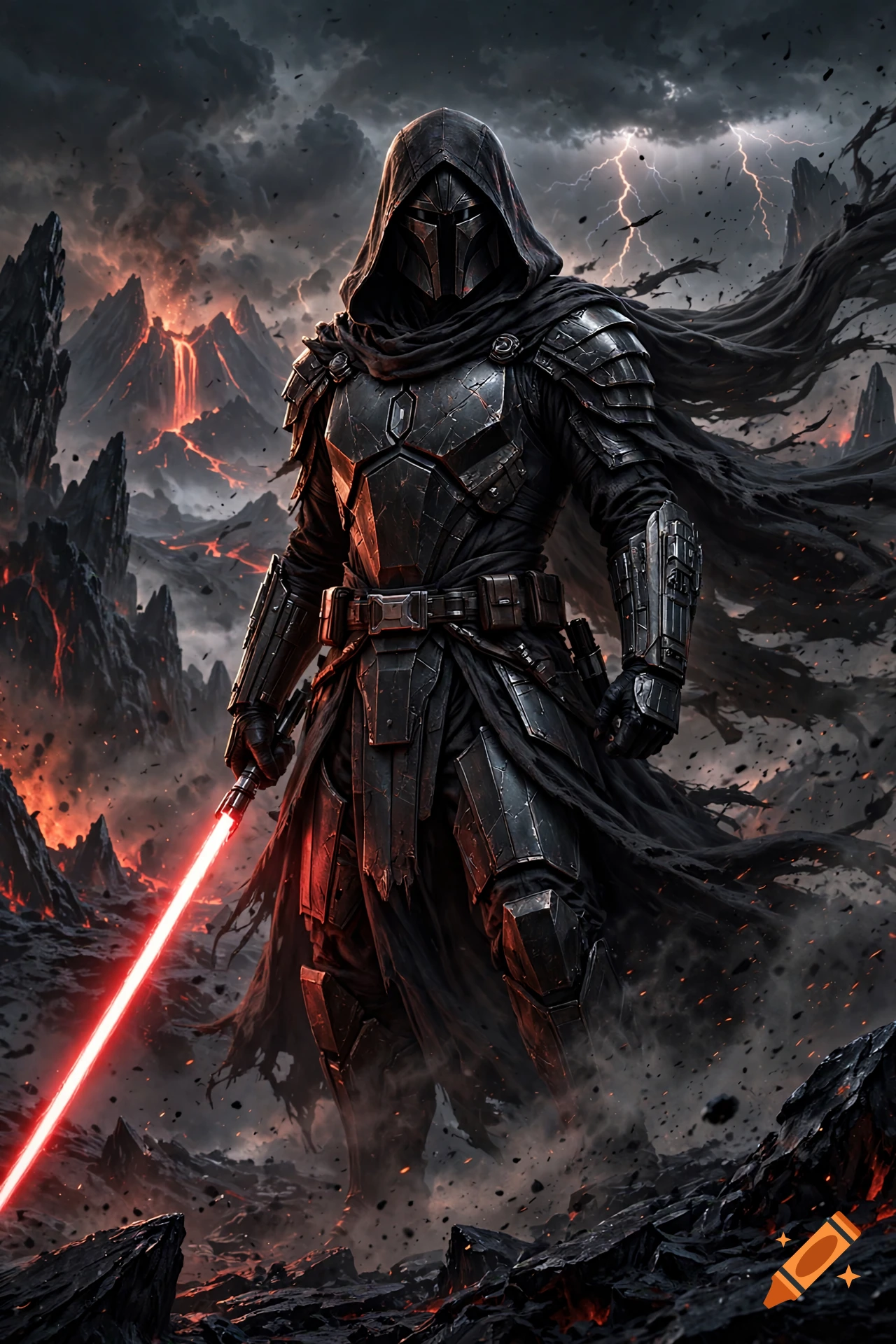 Digital painting of Darth Revan in dark hooded armor holding a glowing red lightsaber amidst a volcanic landscape.