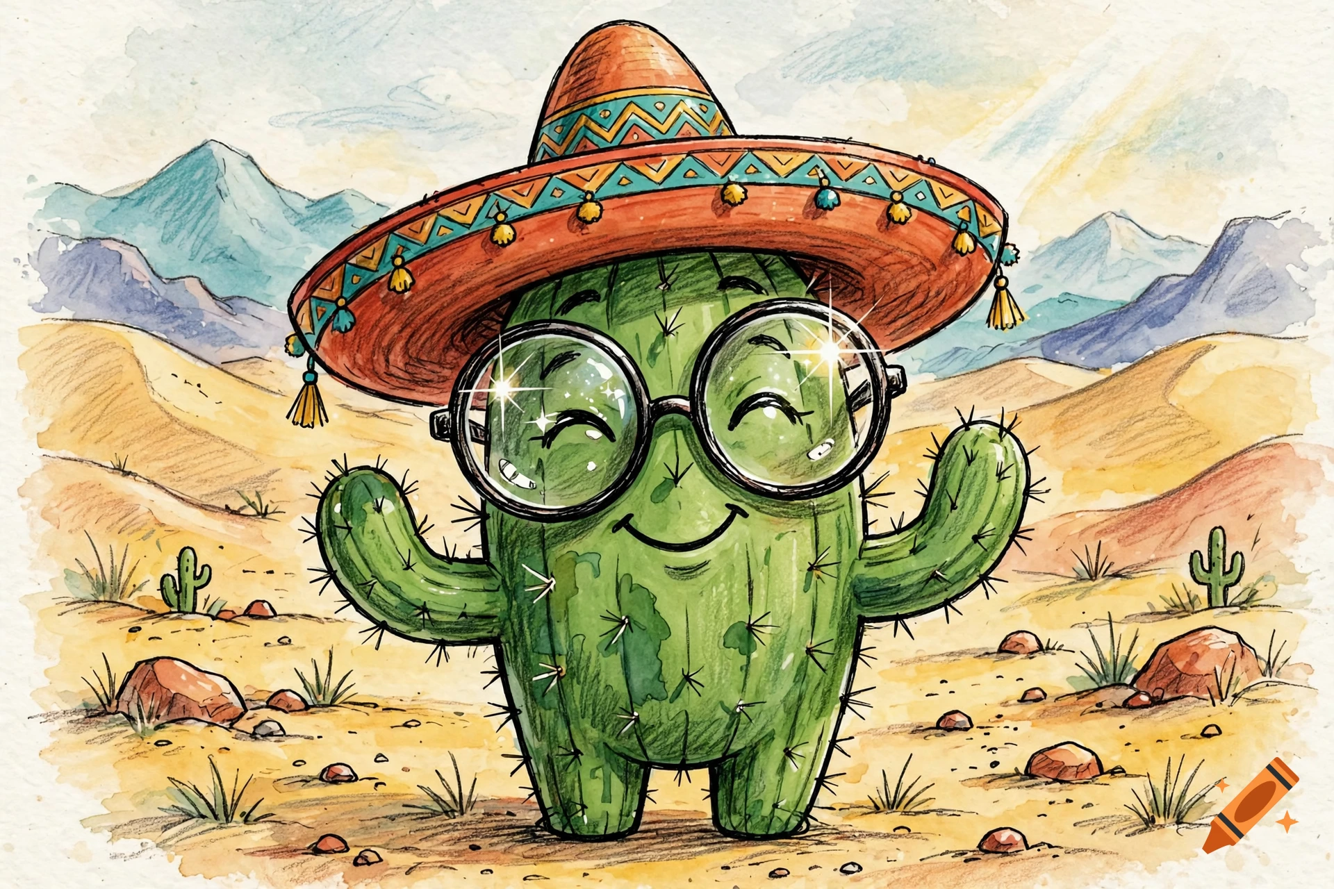 A cheerful cartoon cactus wearing a sombrero and large round glasses, standing in a desert landscape with mountains in the background.