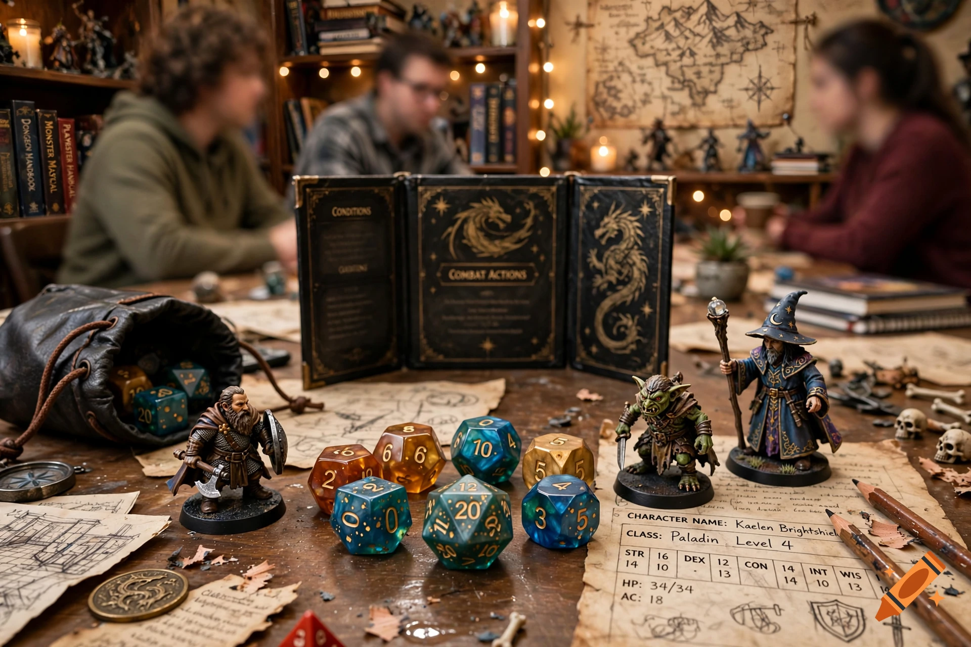 Photorealistic tabletop D&D setup with dice, character sheet, miniature figures, and rulebook on a wooden table.