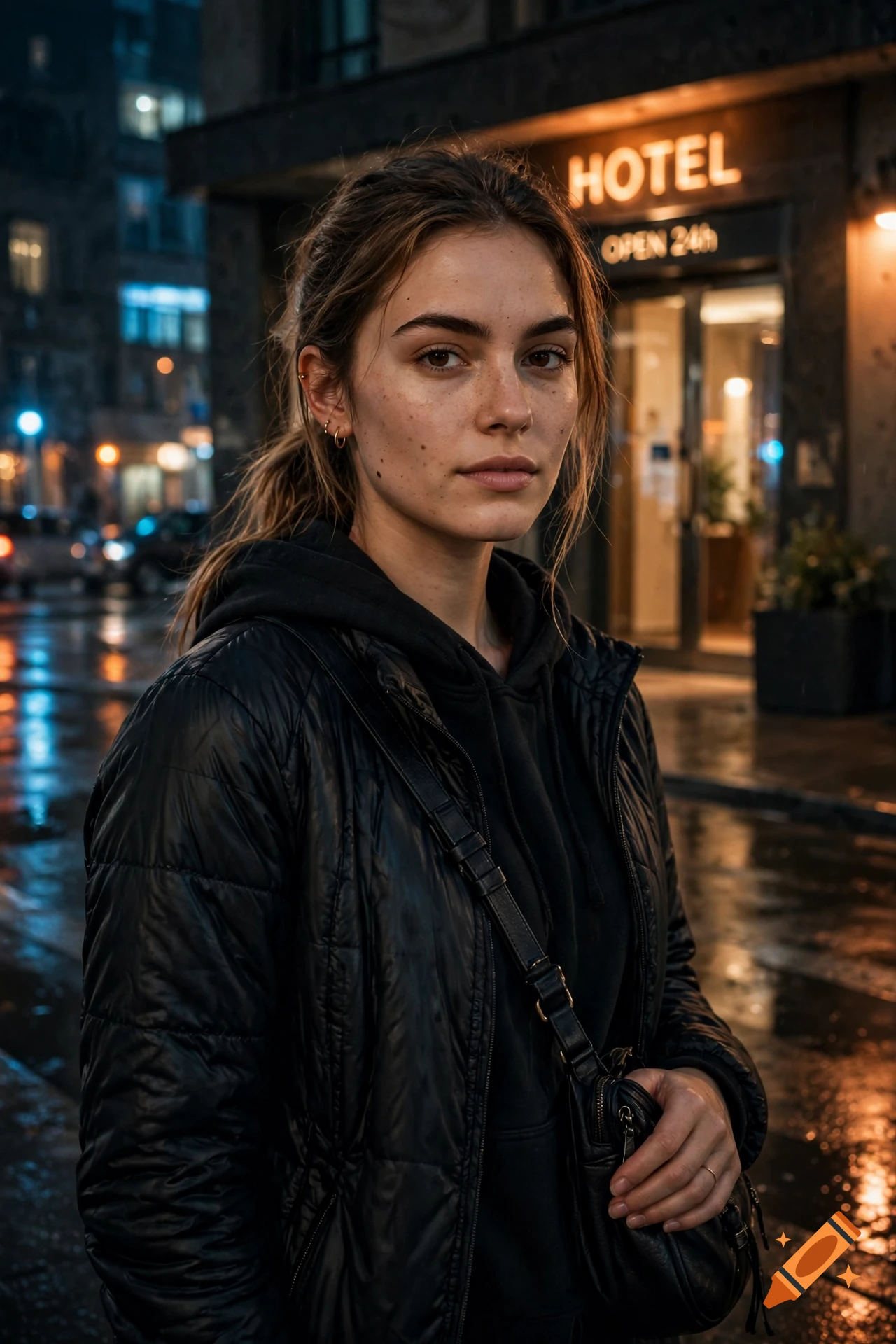 Photorealistic portrait of a young woman with freckles standing on a wet city street at night in front of a hotel.