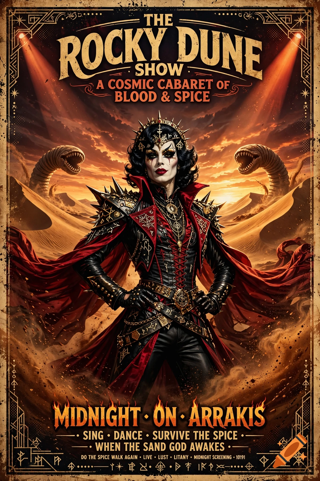 Vintage style movie poster featuring a glamorous cyberpunk figure in a red cape flanked by giant sandworms, with dramatic text.