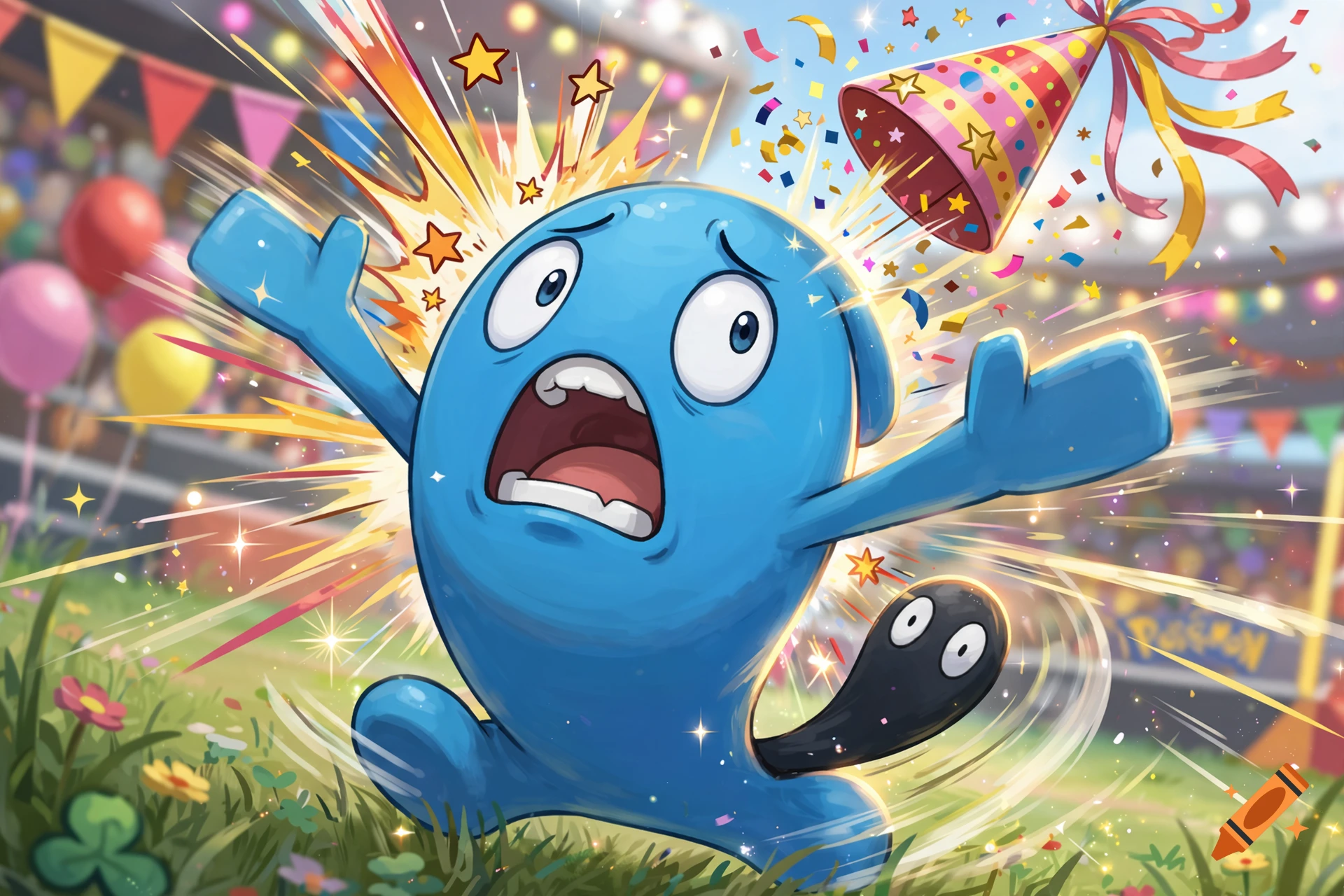 Digital illustration of a surprised blue Wobbuffet pokemon reacting as its party hat flies off in a stadium.