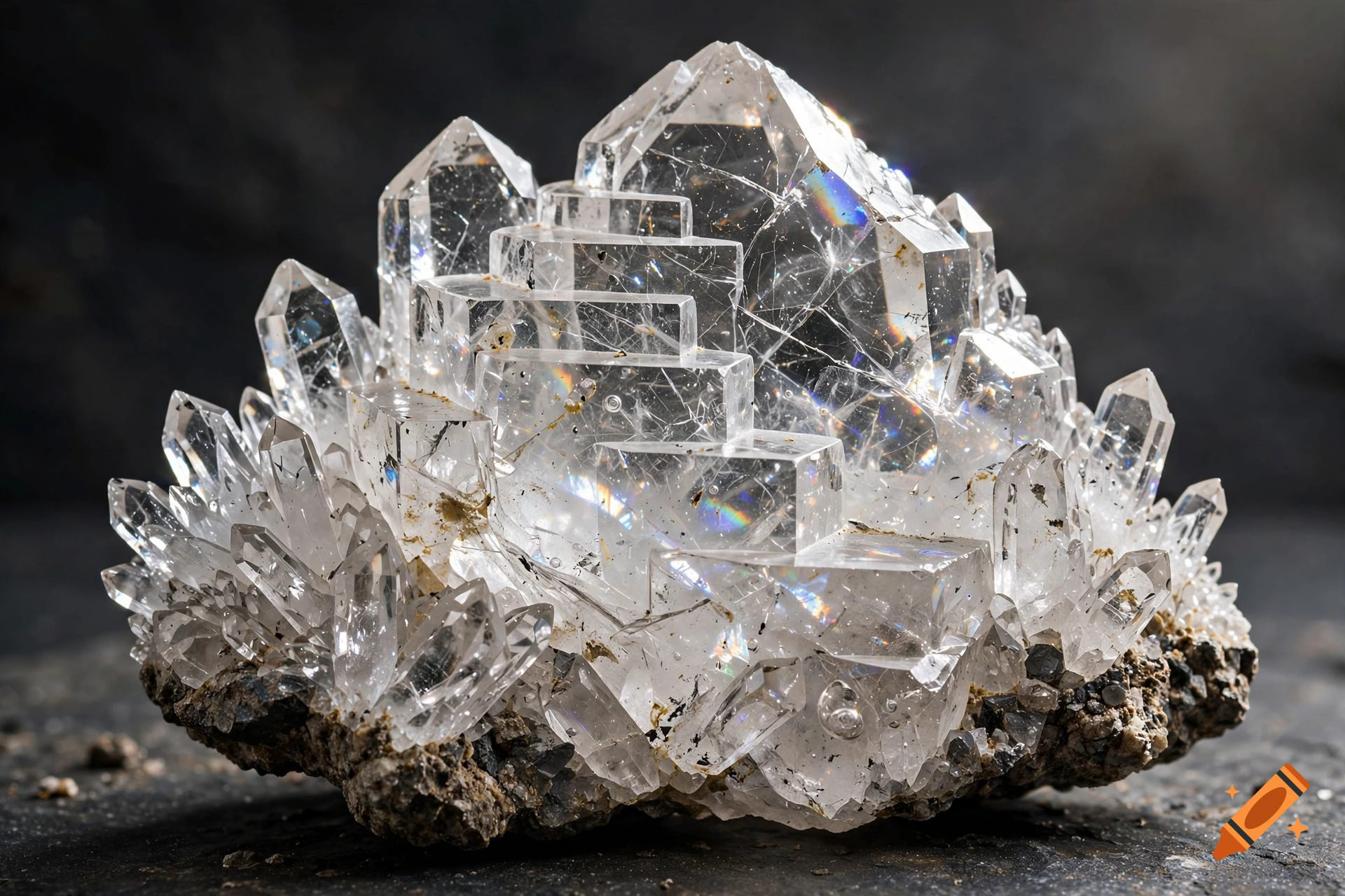 Photorealistic image of a large clear quartz crystal cluster on a dark rocky surface.