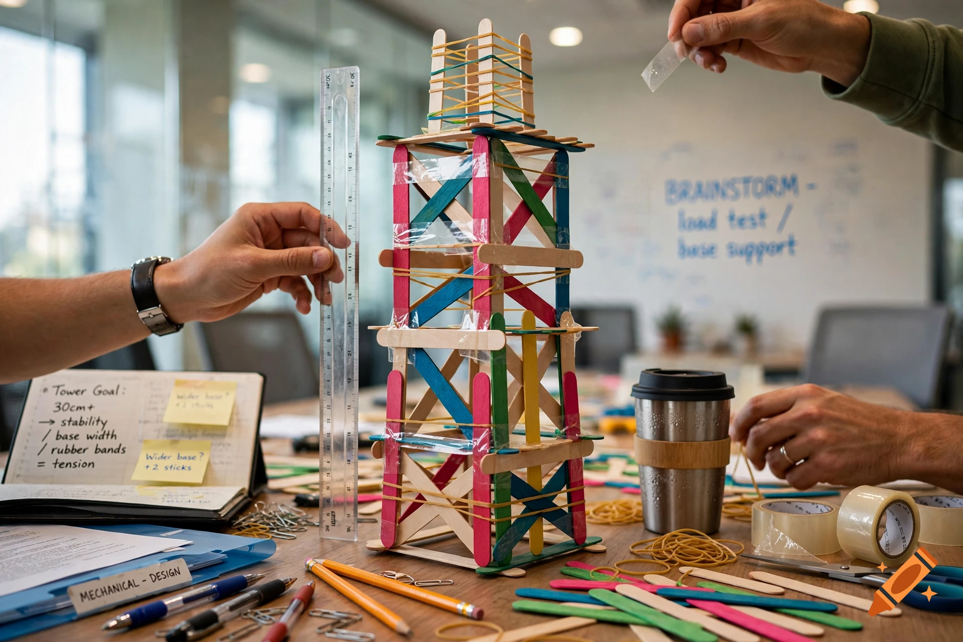 Close-up of a tall tower built from popsicle sticks, tape, and rubber bands during a brainstorming meeting, photorealistic.