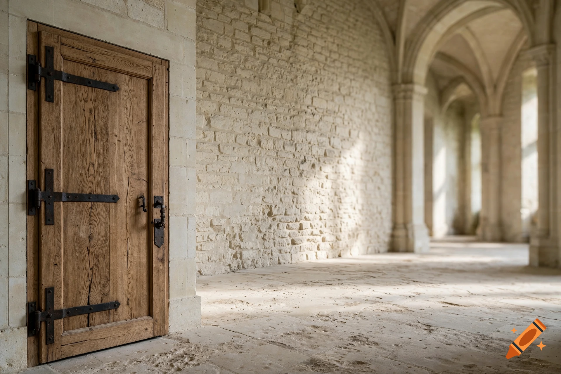 Photorealistic shot of a medieval stone castle interior with a wooden door with metal hinges on the left and arched corridors in the background.