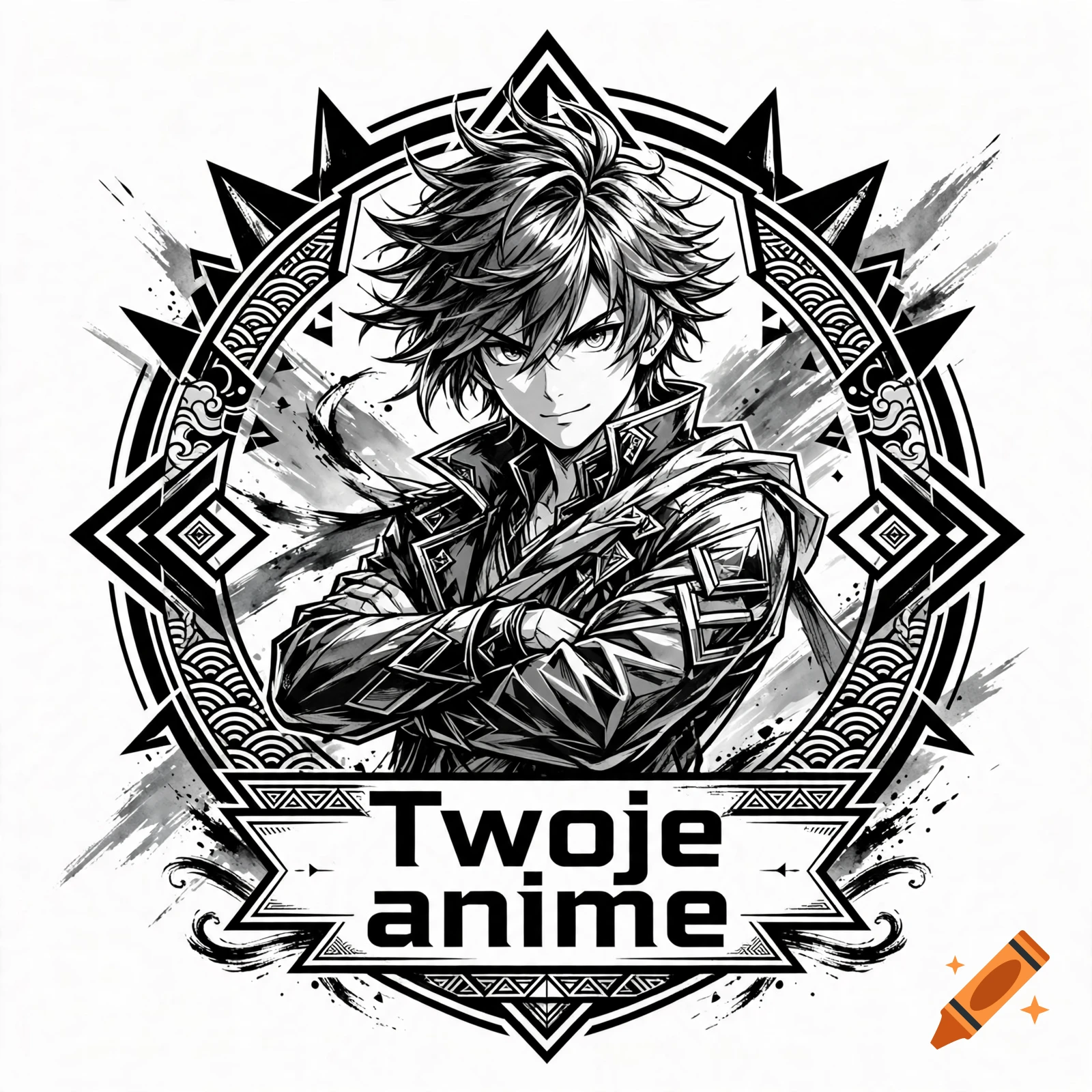 Monochrome anime-style illustration of a young man with spiky hair and folded arms inside an ornate geometric frame, with the text "Twoje anime" at the bottom.