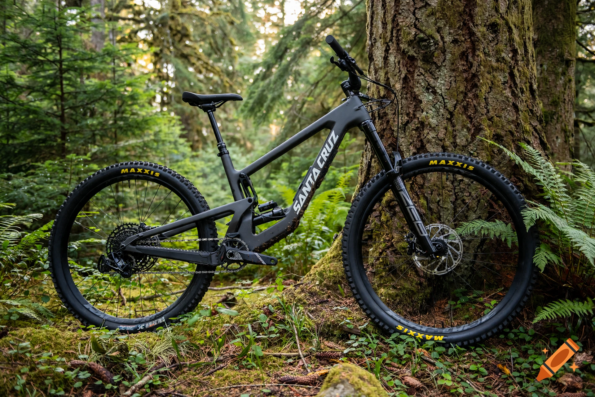 Photorealistic image of a black Santa Cruz mountain bike parked against a large tree in a lush green forest.
