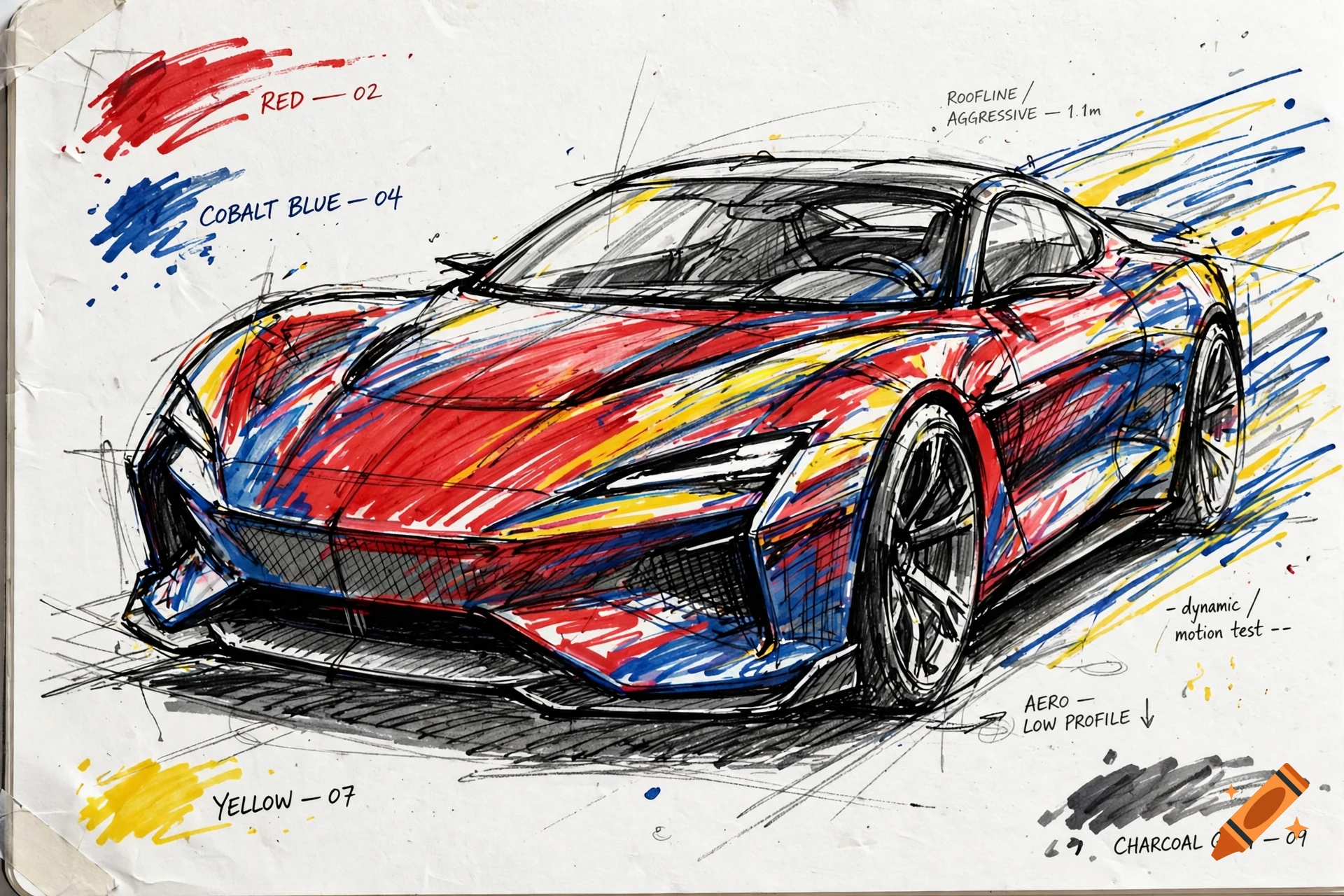Detailed marker and pen sketch of a modern sports car with colorful red, blue, and yellow strokes and handwritten design notes.