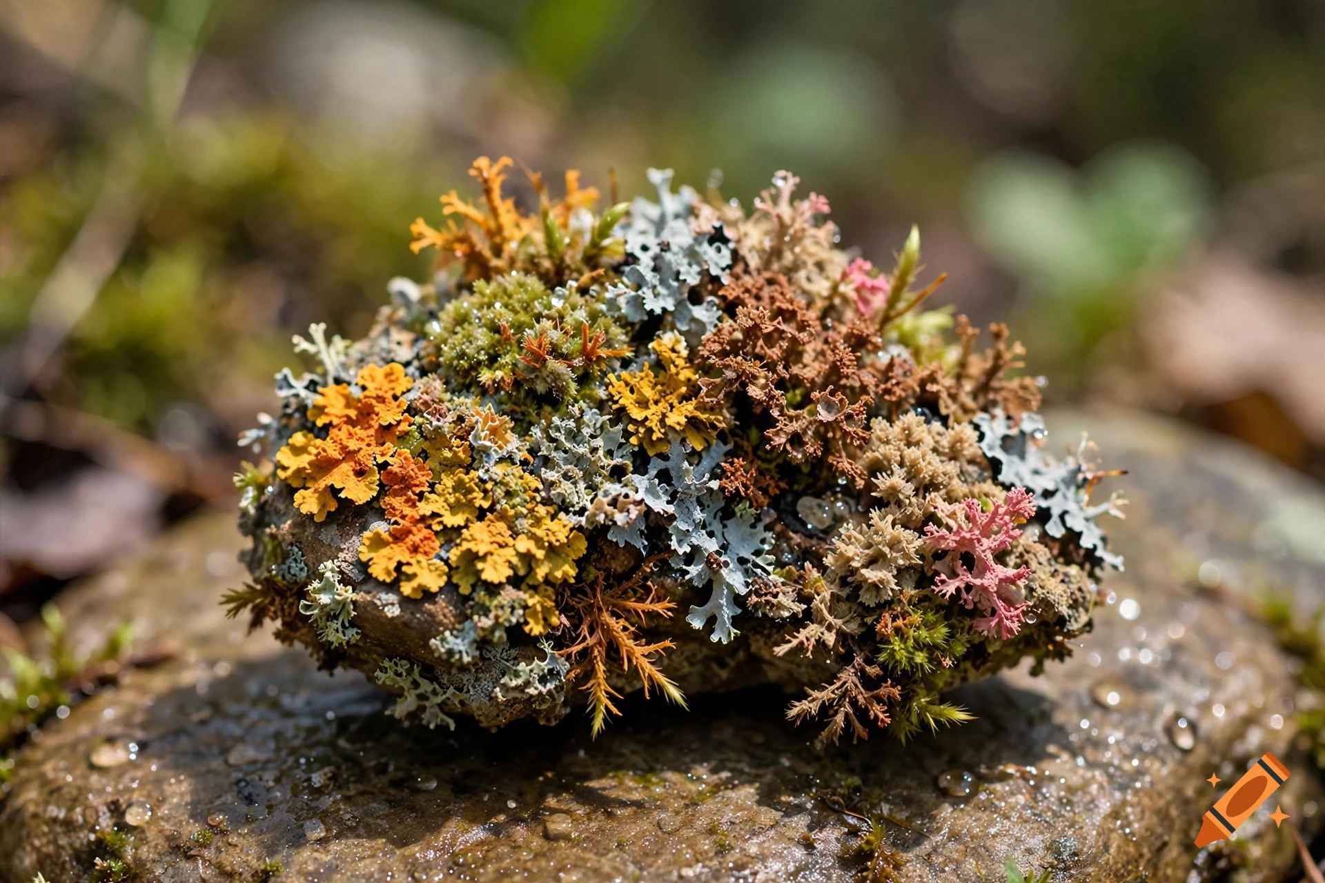 Close-up macro photograph of a colorful variety of lichen and moss growing on a wet stone.