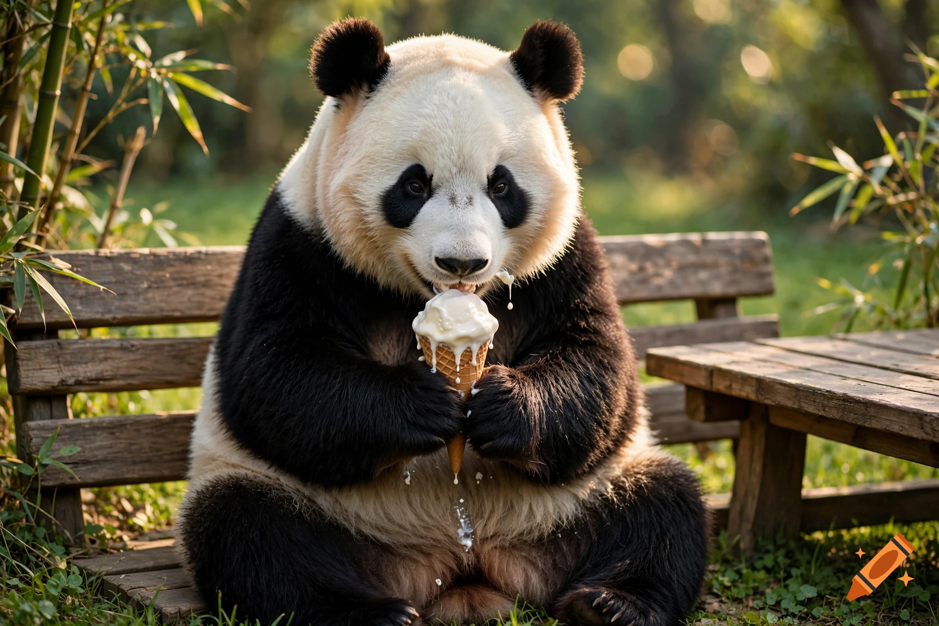 A photorealistic panda sitting on a wooden bench outdoors, eating melting ice cream in a cone.