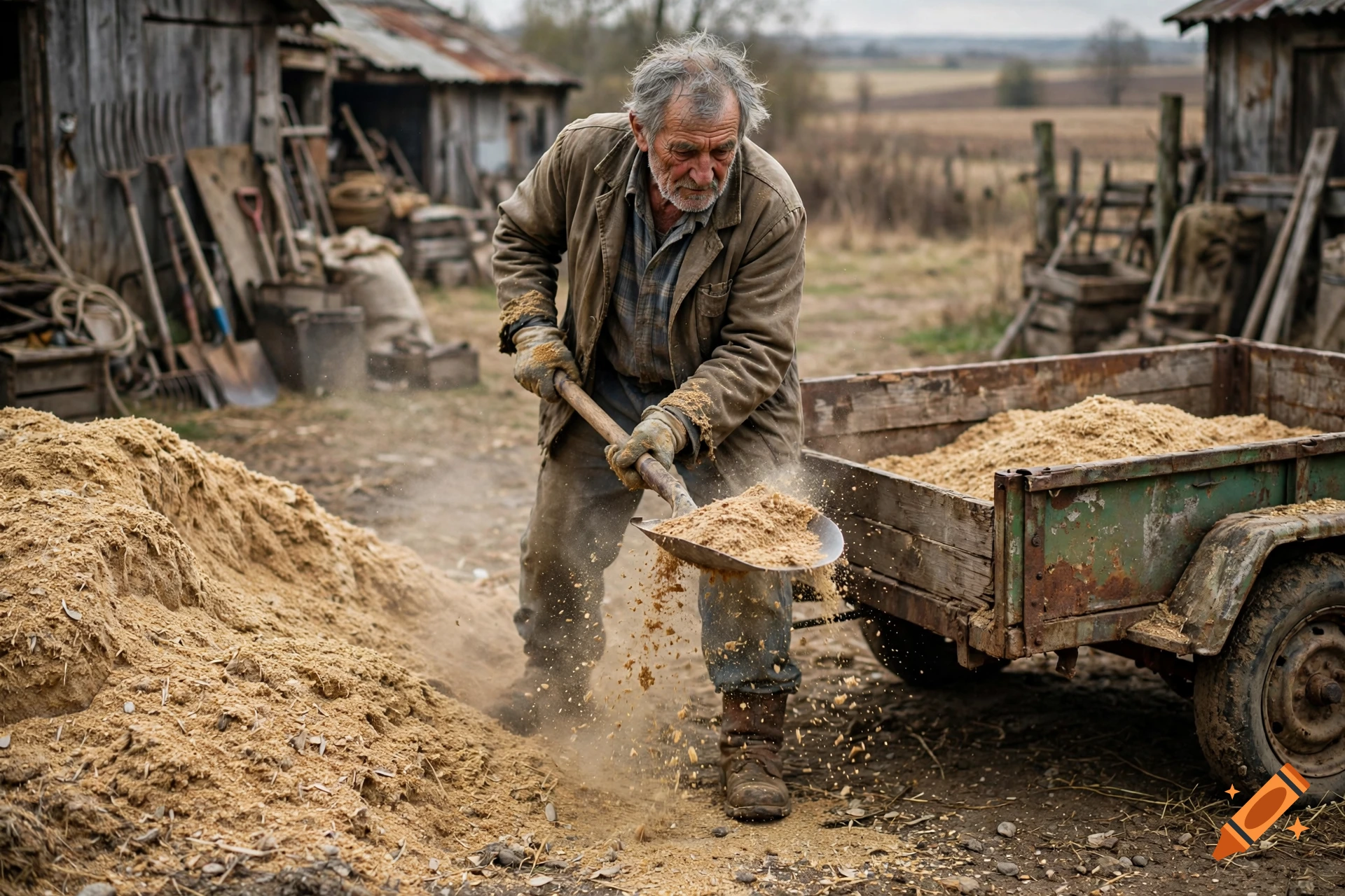 An elderly man shovels grain on a farmyard near a wooden trailer and rustic outbuildings.