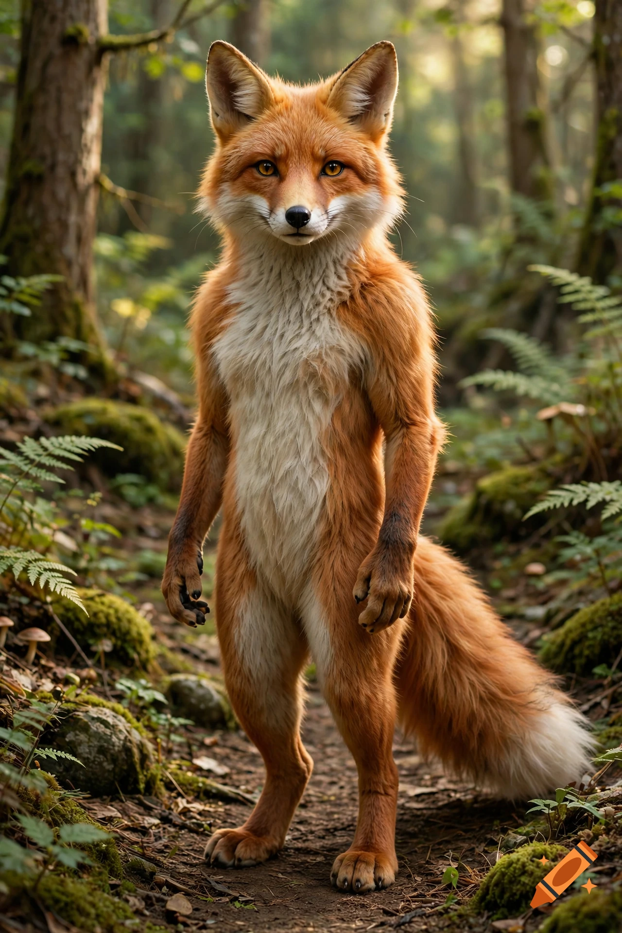 Photorealistic depiction of an anthropomorphic fox standing on a path in a lush forest.