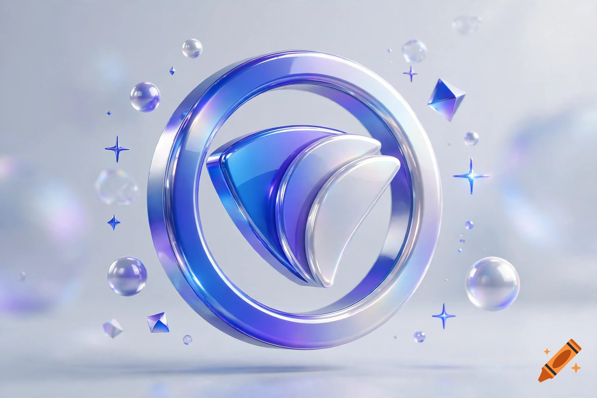 A 3D glossy purple and blue circular icon with a shield-like center, surrounded by floating bubbles and sparkles on a light background.