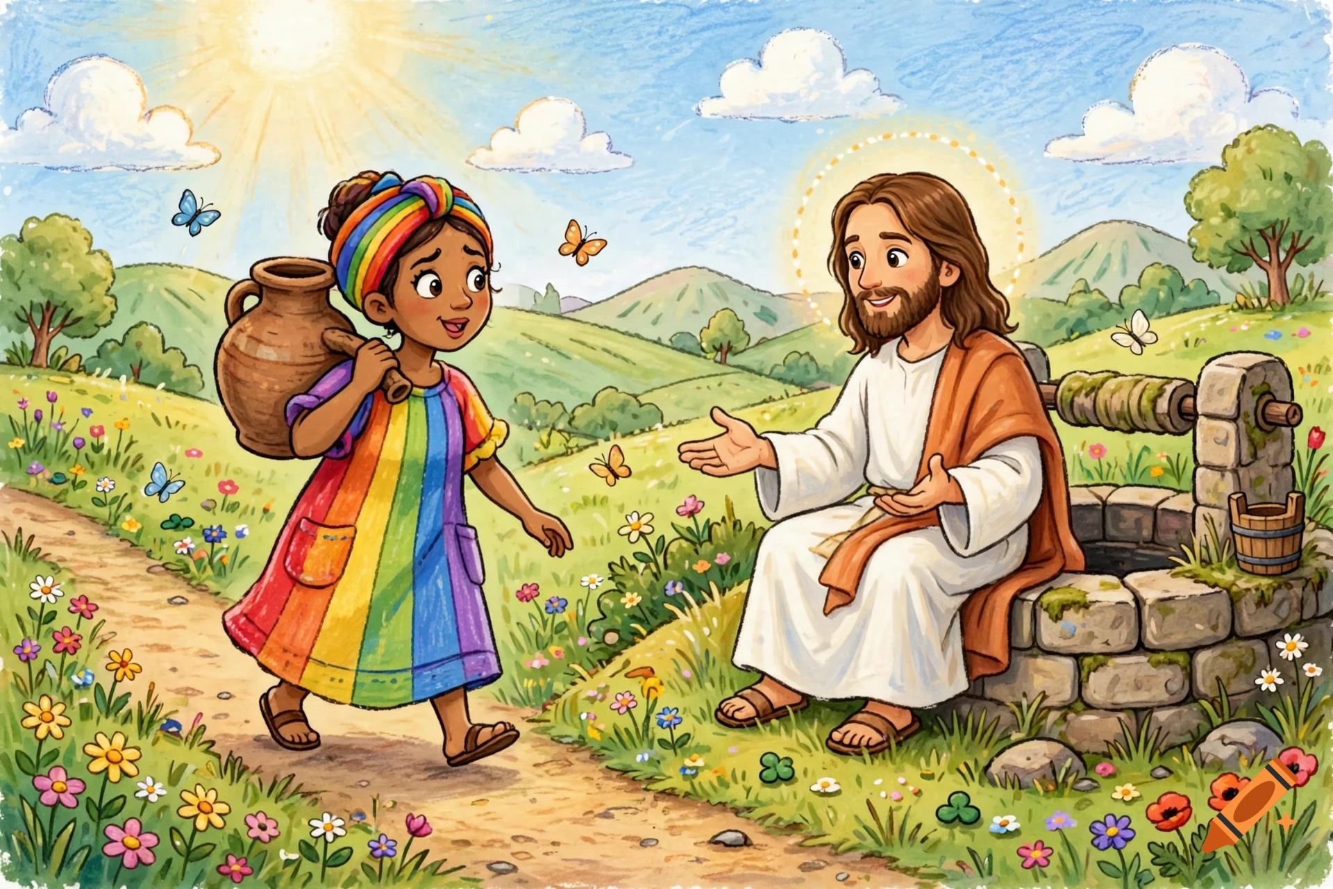 A colorful cartoon illustration of a young girl with a clay pot meeting Jesus by a well in a lush green meadow.