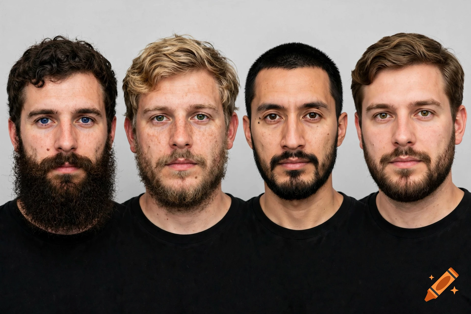 Photorealistic lineup portrait of four similar-looking men with black t-shirts and varying facial features.