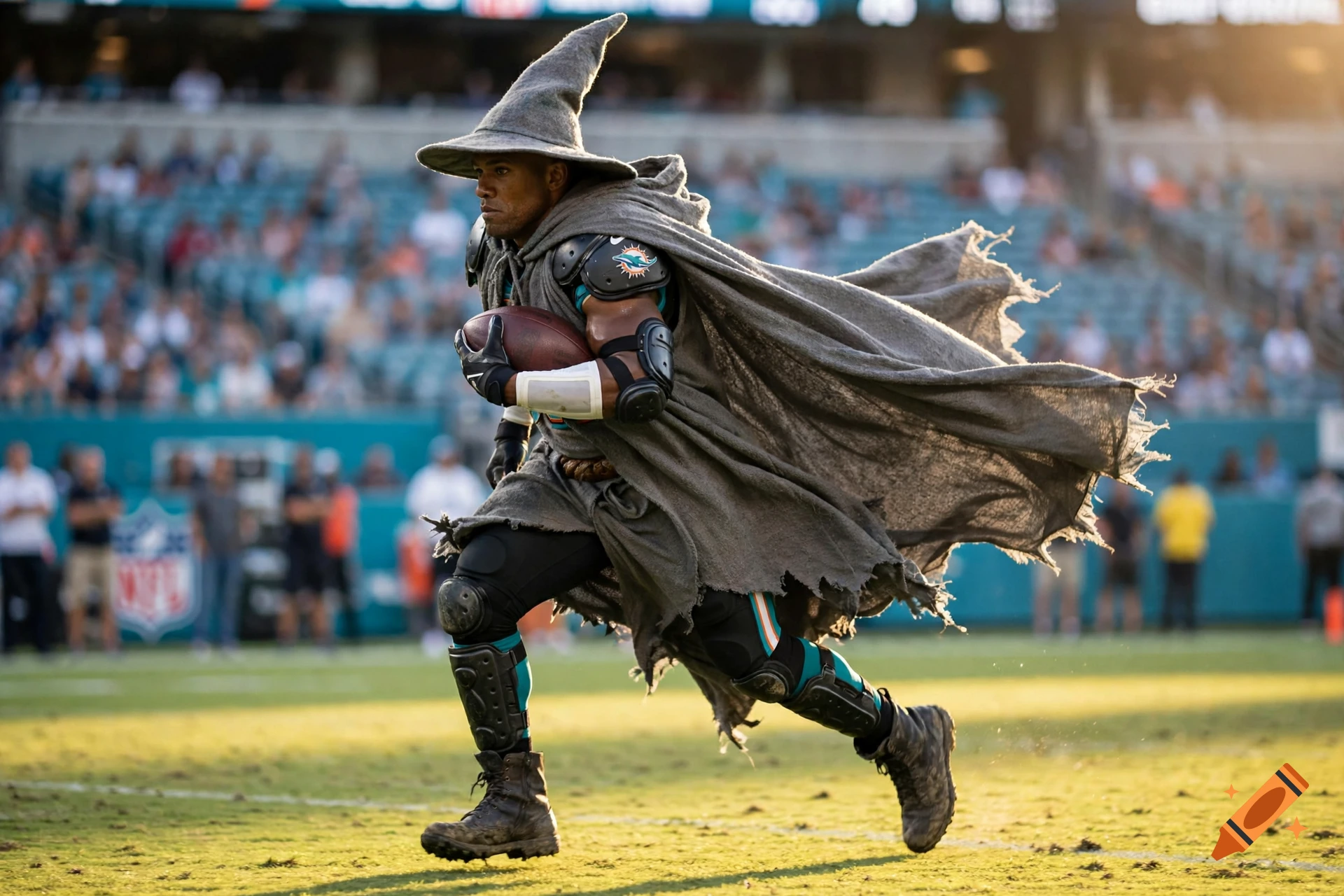 Photorealistic action shot of a football player in a gray wizard hat and tattered cloak running across a stadium field.