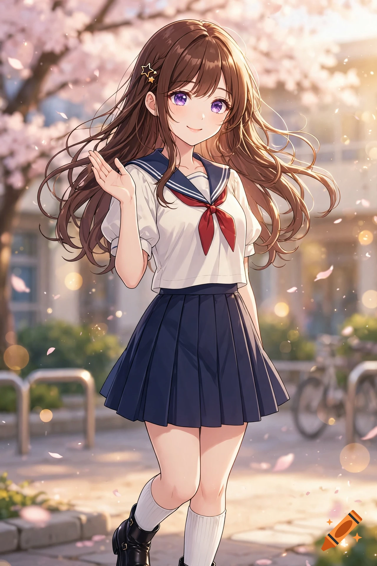 Anime girl with long brown hair wearing a sailor school uniform, smiling and waving, outdoors with cherry blossoms.